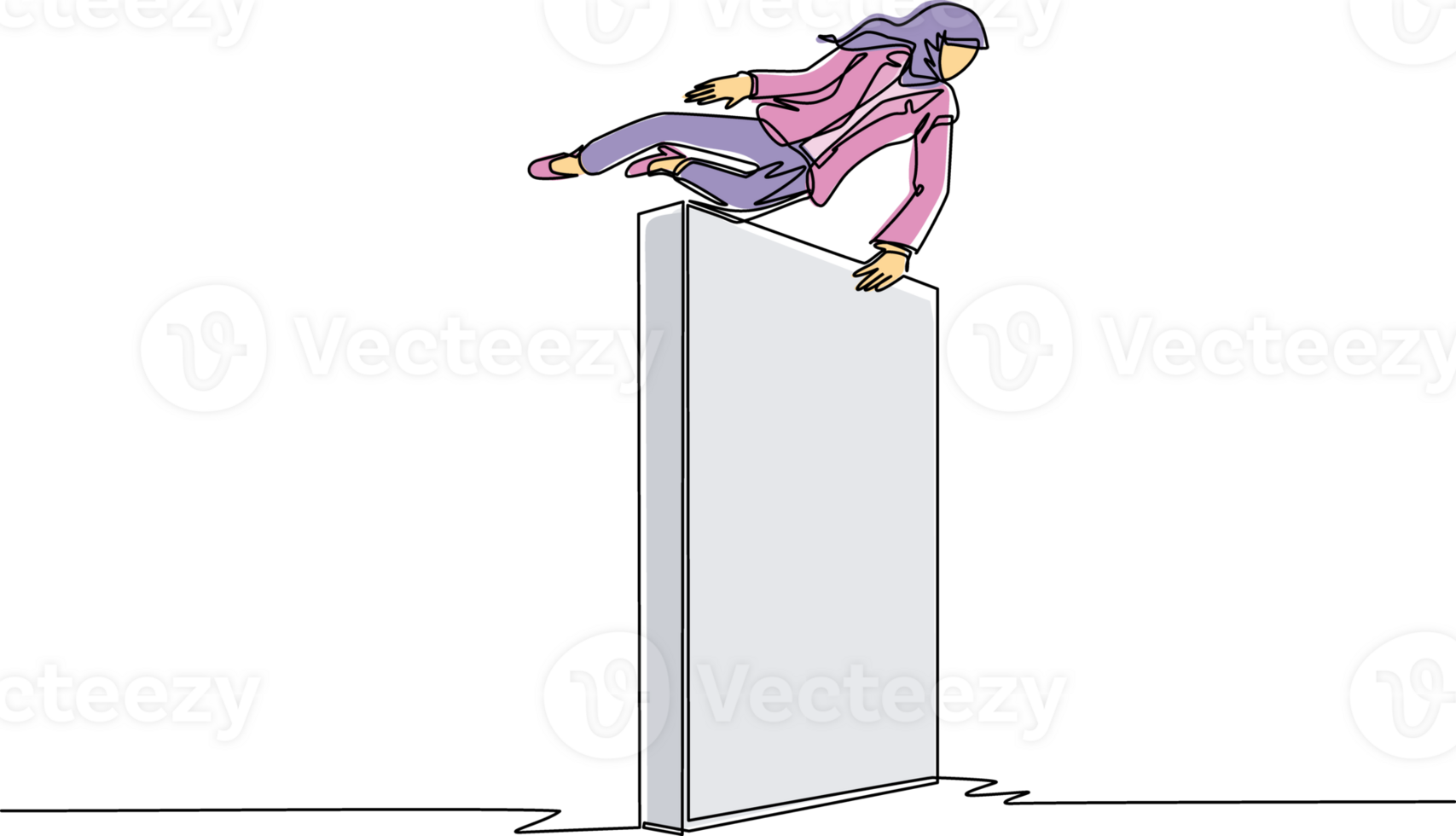 contínuo 1 linha desenhando árabe empresária saltos sobre parede, lado de fora conforto zona para pegue Novo experiência, Diversão e excitado. vida começa quando tentando diferente coisas. solteiro linha desenhar Projeto png