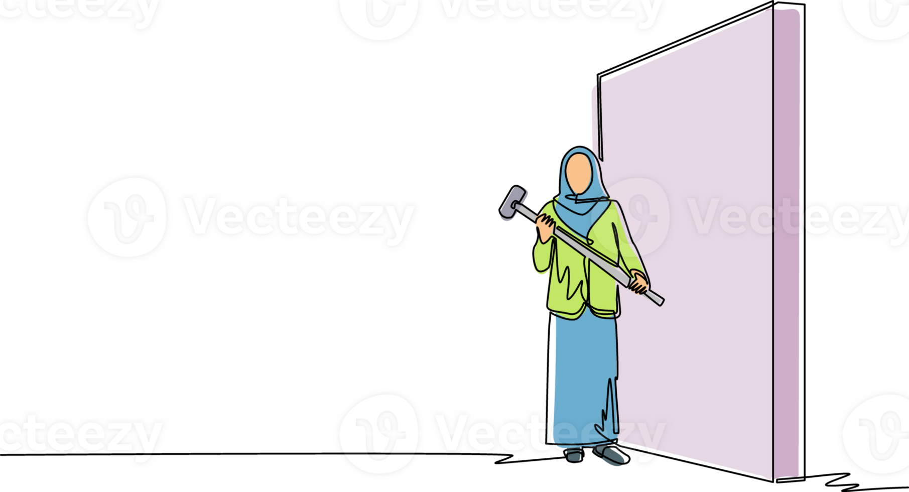 Single continuous line drawing Arab businesswoman standing and holding big hammer while facing wall. Goal achievement, business strategy. Successful overcoming of problems. One line draw design png