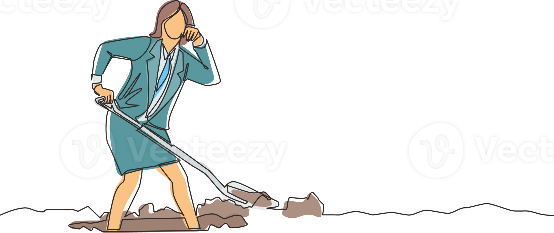 Continuous one line drawing businesswoman wipes sweat on her forehead while digging hole. Worker never give up to finish her job. Work hard concept. Single line draw design graphic illustration png