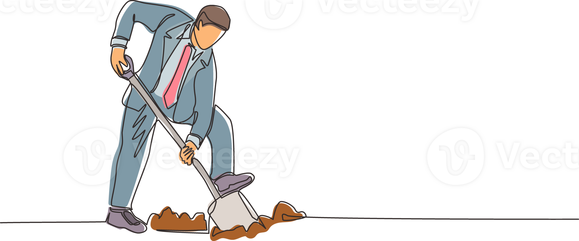 Single one line drawing businessman digging in dirt using shovel. Man in suit dig ground with spade. Business metaphor. Hard working process. Modern continuous line design graphic illustration png