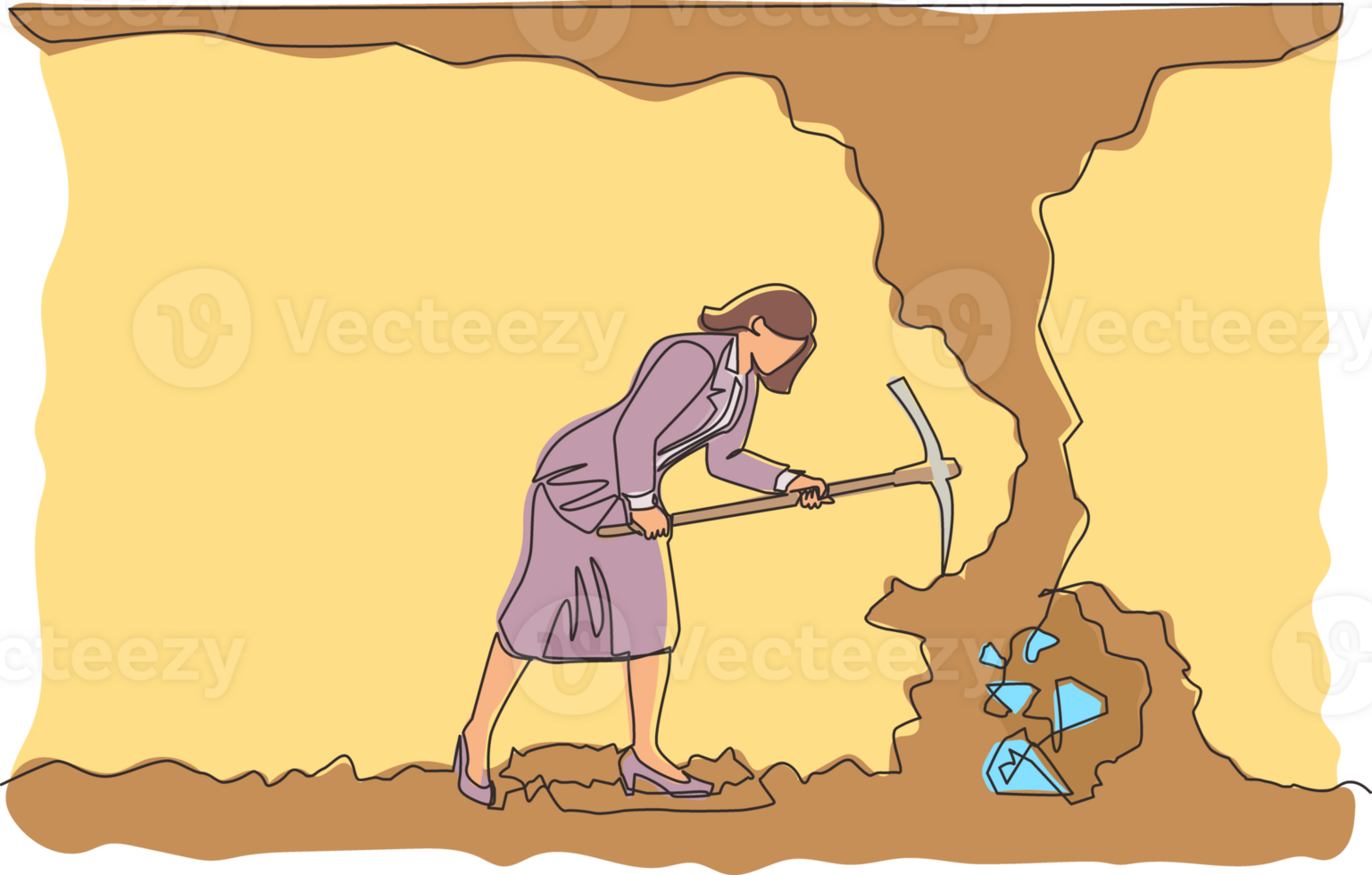 Single one line drawing Arab businessman digging with pickaxe looking for hidden treasures. Man digging and mining for treasure chest in underground tunnel. Continuous line draw design graphic png