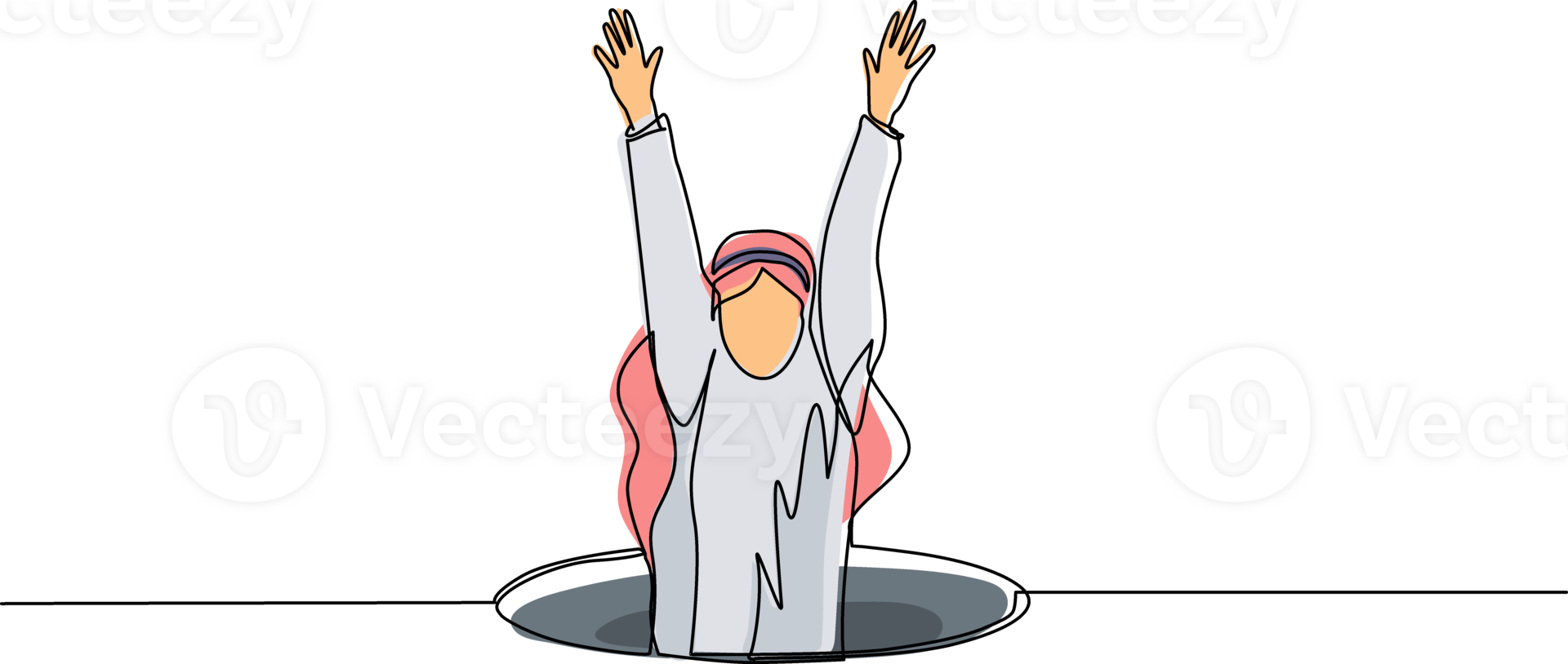 Single one line drawing Arab businessman fell into manhole underground sewer. Man fell into sewage. Depressed and business failure concept. Metaphor. Defeat. Continuous line draw design graphic png