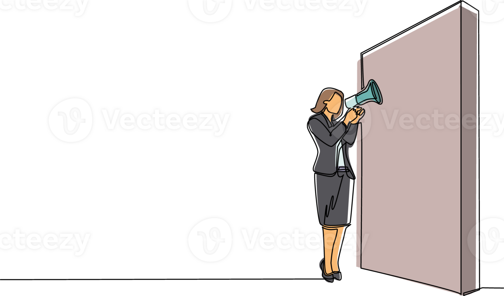 Continuous one line drawing businesswoman holding megaphone standing in front of wall. Woman shouts on megaphone. Leader announces career promotion. Single line draw design graphic illustration png