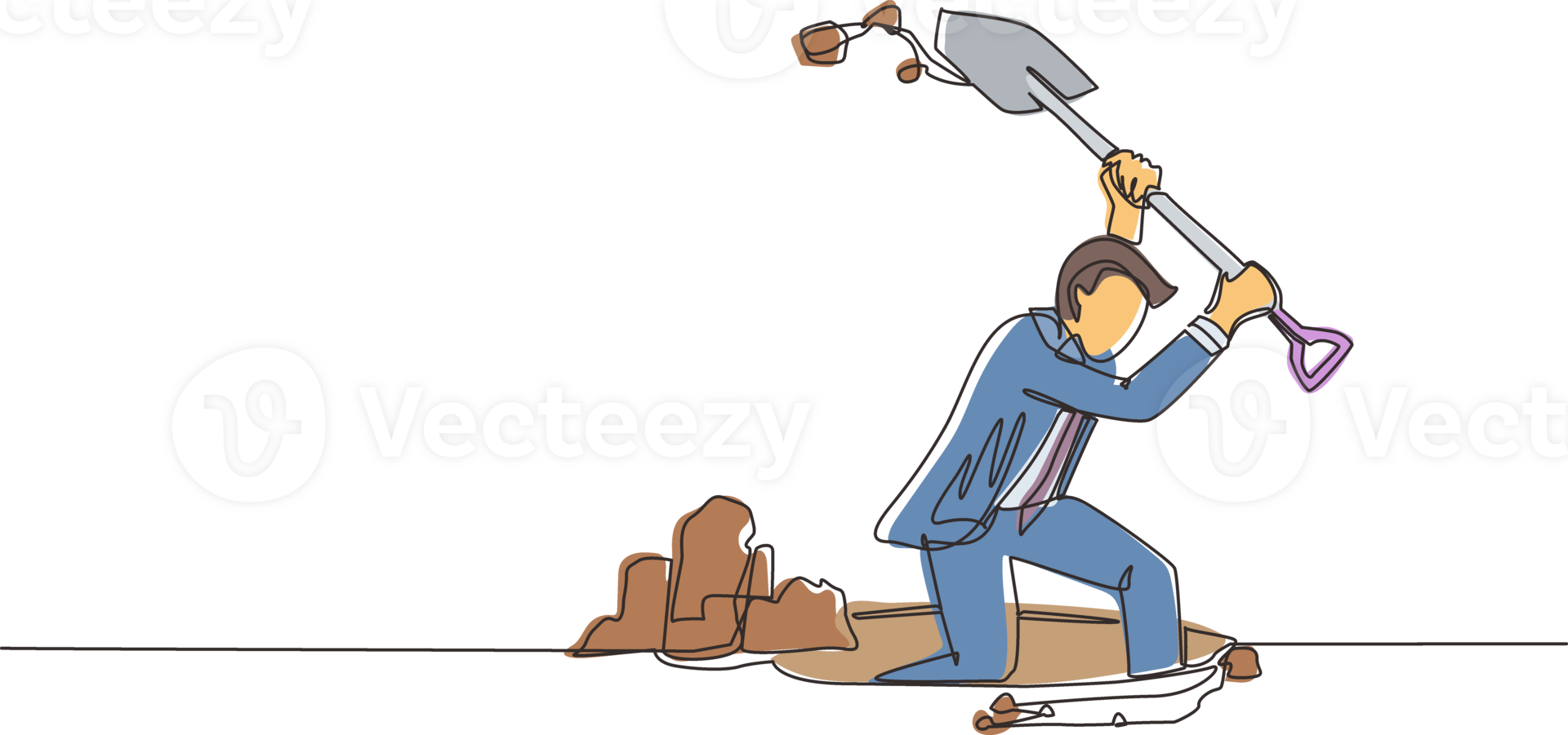 Single continuous line drawing businessman digging in dirt using shovel. Man in suit dig ground with spade. Treasure digging, growth wealth concept lucky rich man. One line draw graphic design png