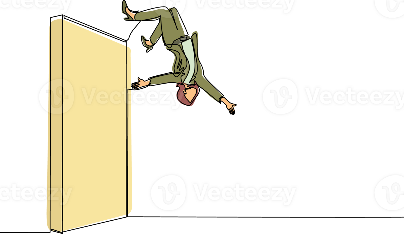 Continuous one line drawing businesswoman jumping over brick wall with acrobatic over head style to achieve his goal. Businesswoman jumping over the wall of barriers. Single line draw design png