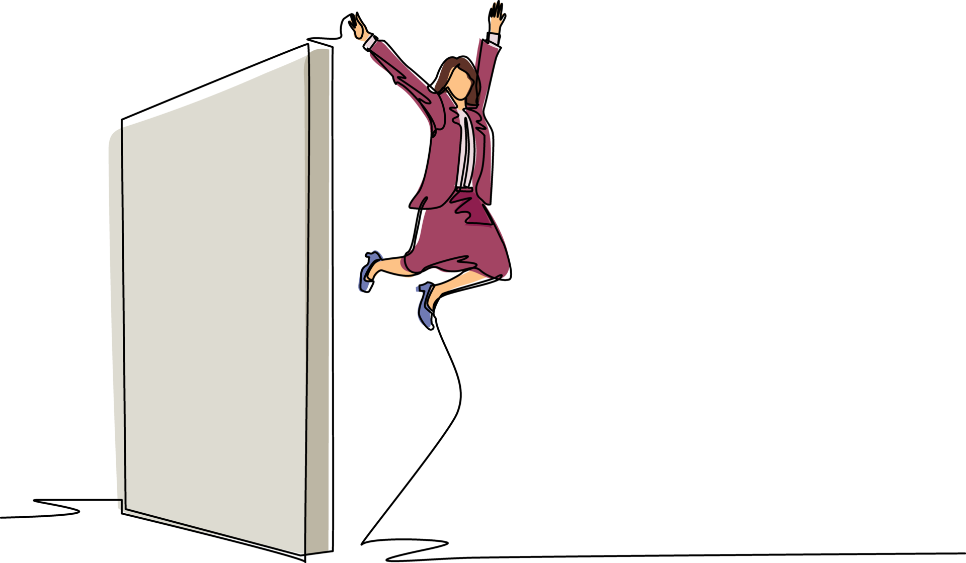 Continuous one line drawing businesswoman managed to jump over the wall