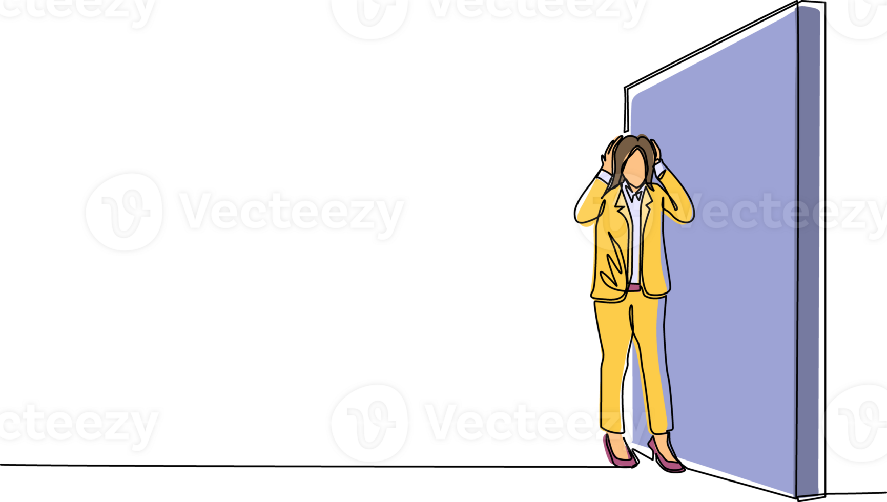Single continuous line drawing cute businesswoman standing and confused in front of huge brick wall barriers. Scene for wrong business decision, mistake, deadlock. One line draw graphic design png