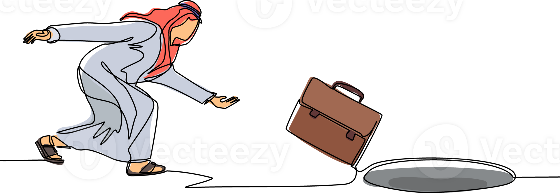 Single continuous line drawing Arabian businessman throws briefcase into hole. Failure to take advantage of business opportunities. Depressed and business failure concept. One line draw design png