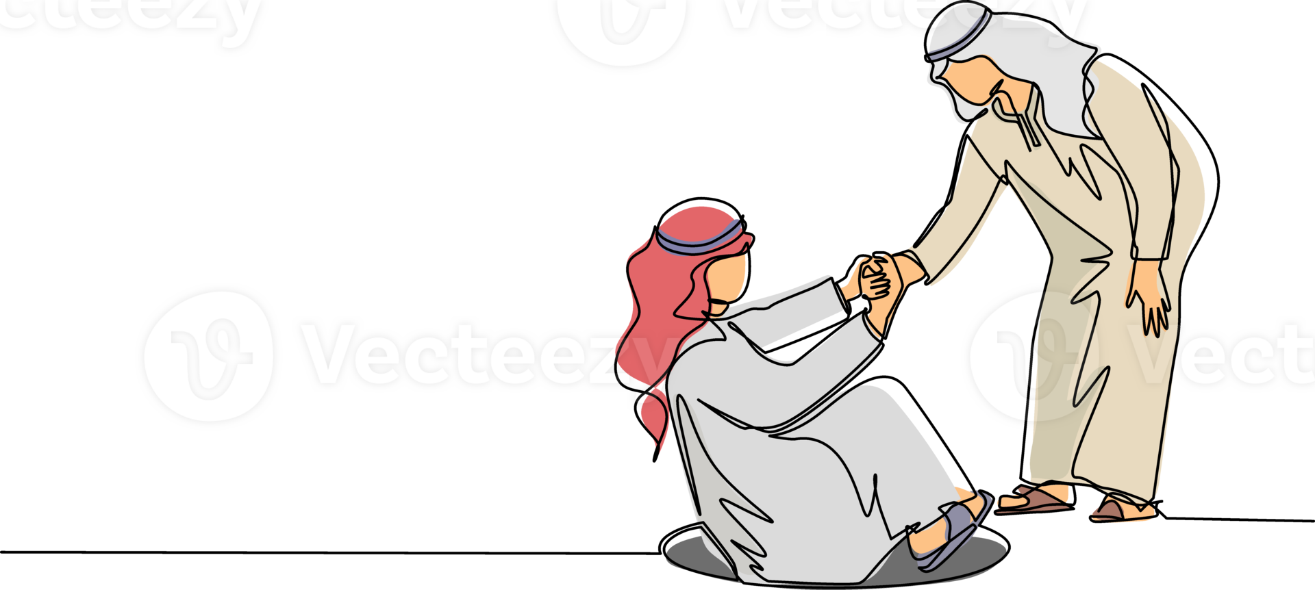 Continuous one line drawing Arabian businessman helping his friend by take him out from hole. Two men one of whom helps another. Business struggles. Single line draw design graphic illustration png