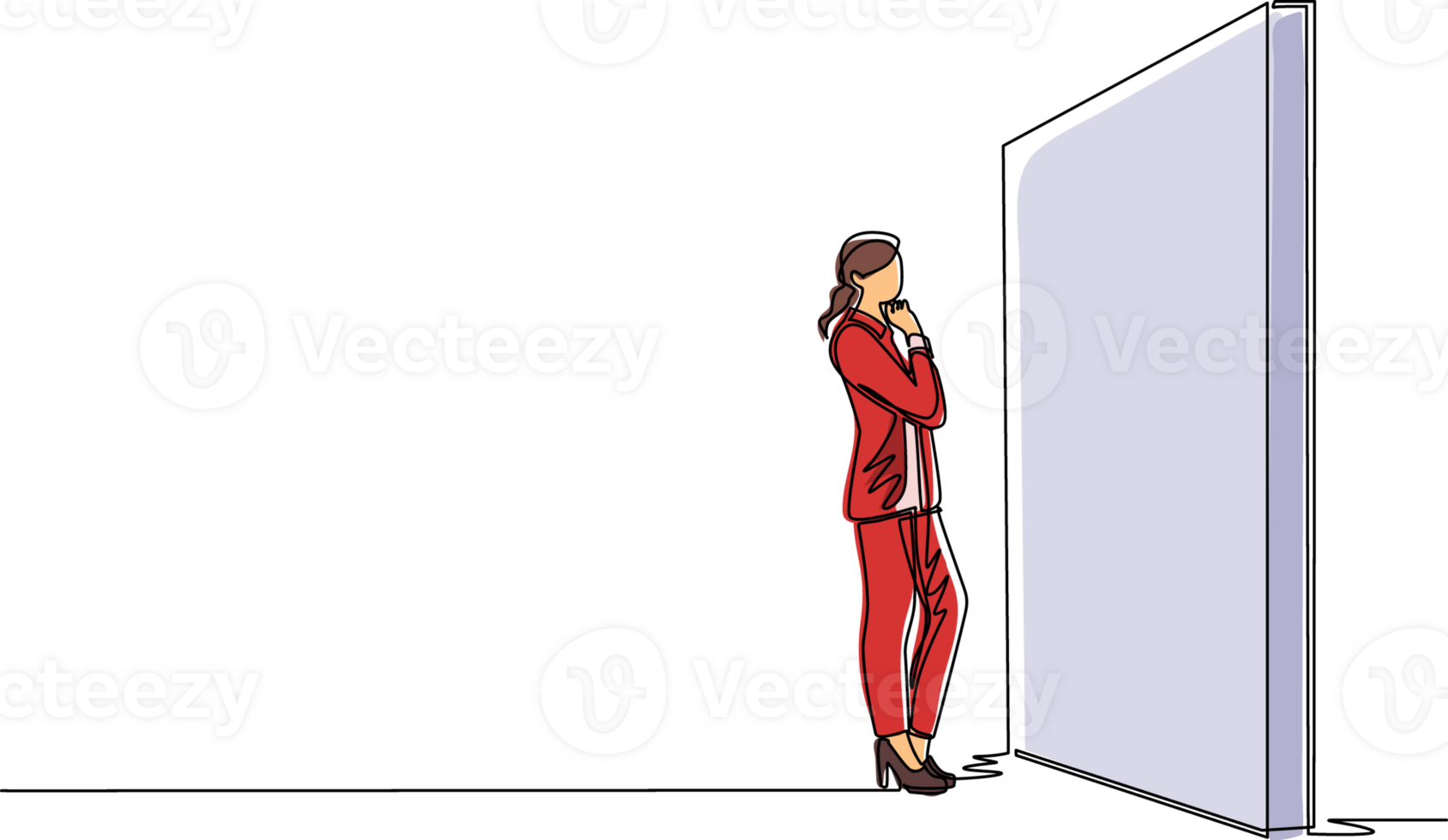 Single continuous line drawing businesswoman thinking in front of big obstacle or wall. Abstract representing risk management. Finding solution and problem solving concept. One line draw design png