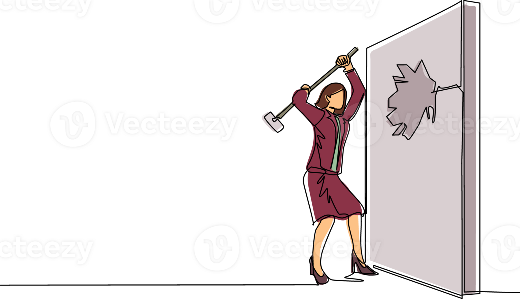 solteiro contínuo linha desenhando empresária rompe e batendo parede com martelo. realização caminho para sucesso. avanço para meta. Liderança dentro negócios. Forte pessoas. 1 linha desenhar Projeto png