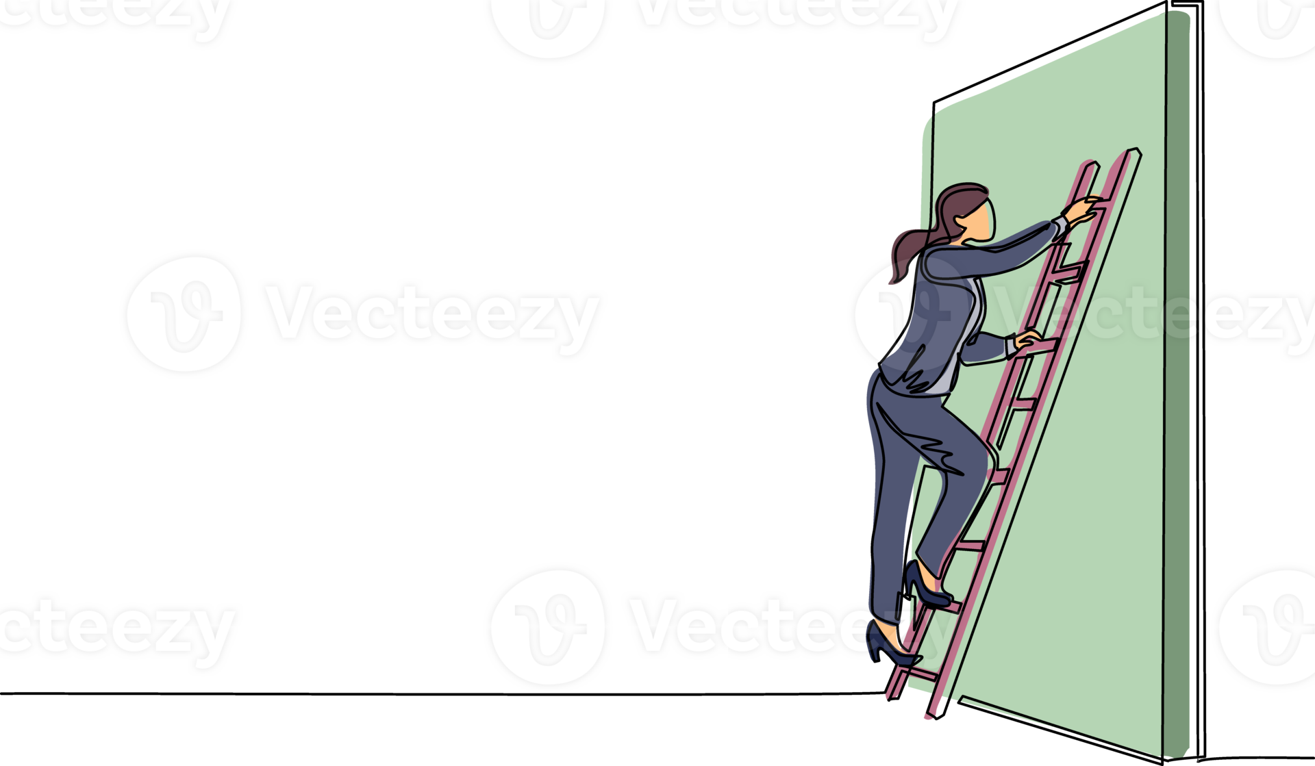 Continuous one line drawing businesswoman climbing up the wall with