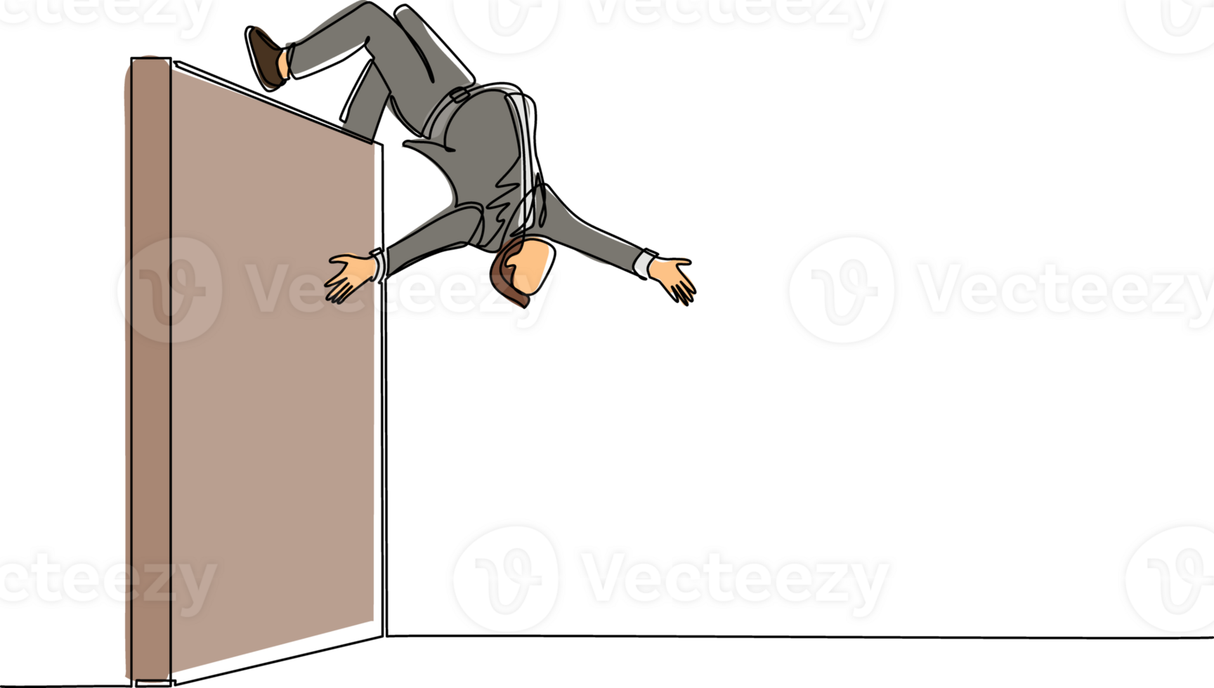 Single one line drawing businessman jumping over brick wall with acrobatic over head style to achieve his goal. Businessman jumping over the wall of barriers. Modern continuous line draw design png