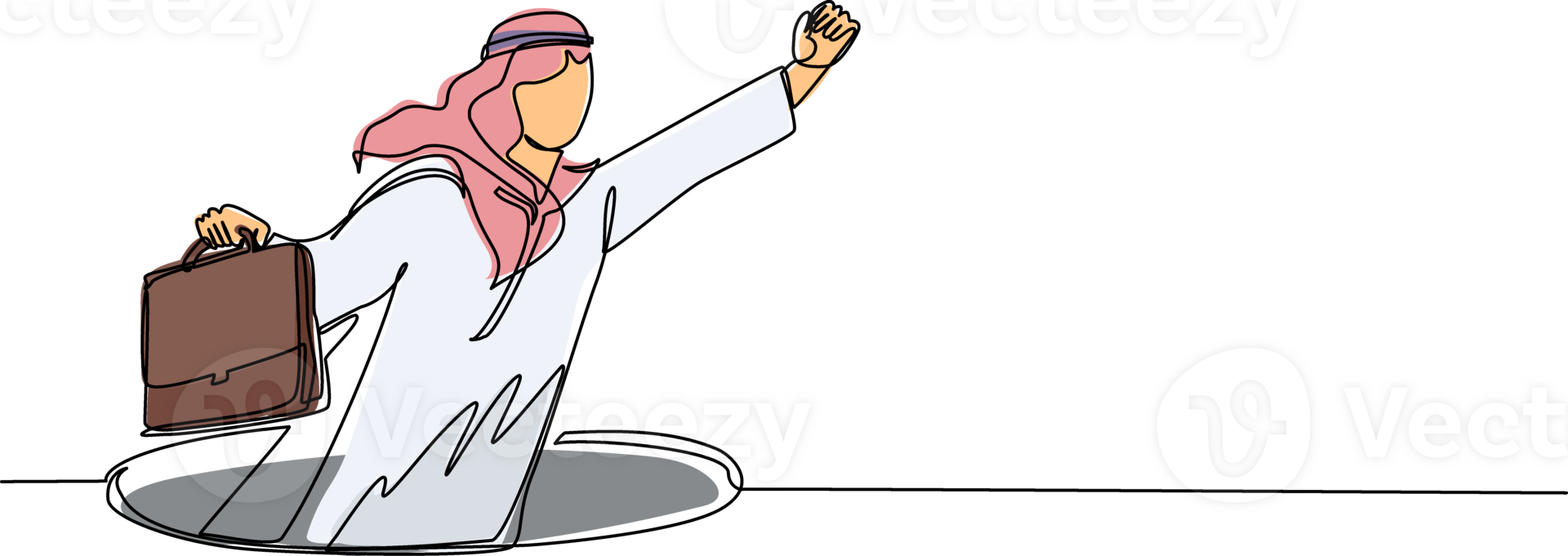 Single continuous line drawing flying Arab businessman with wing and briefcase coming out of holes. Man leading financial rising from hole. Business growth concept. One line draw graphic design png