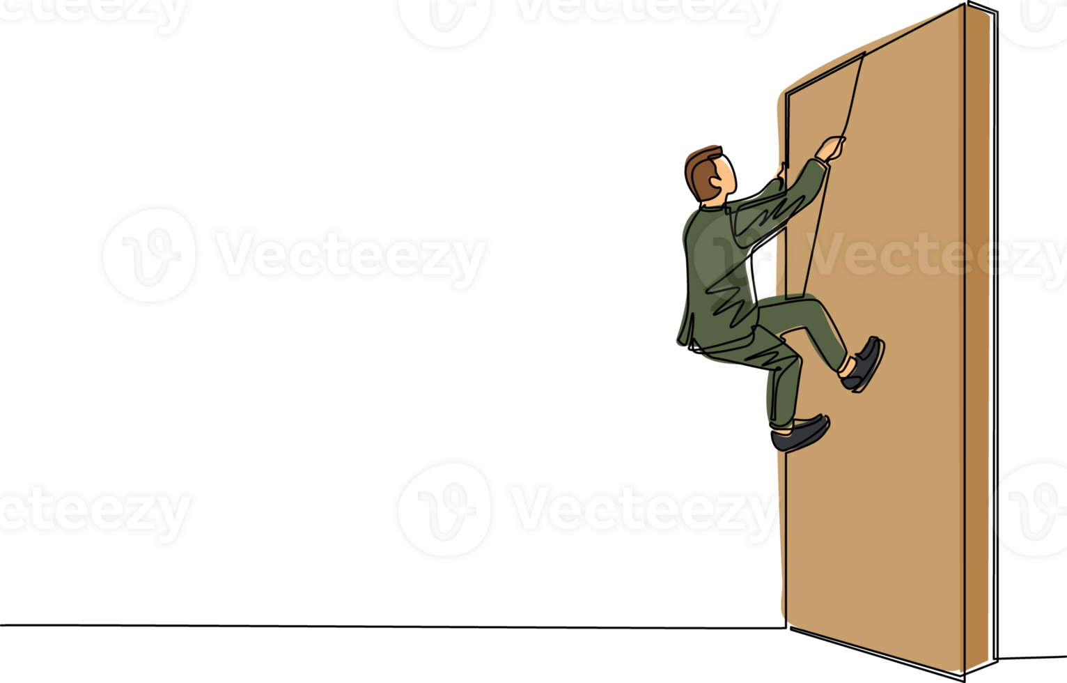 continuo uno linea disegno attività commerciale determinazione concetto con uomo d'affari arrampicata al di sopra di parete con corda. ambizione, motivazione, carriera crescita, successo, forza. singolo linea disegnare design grafico png