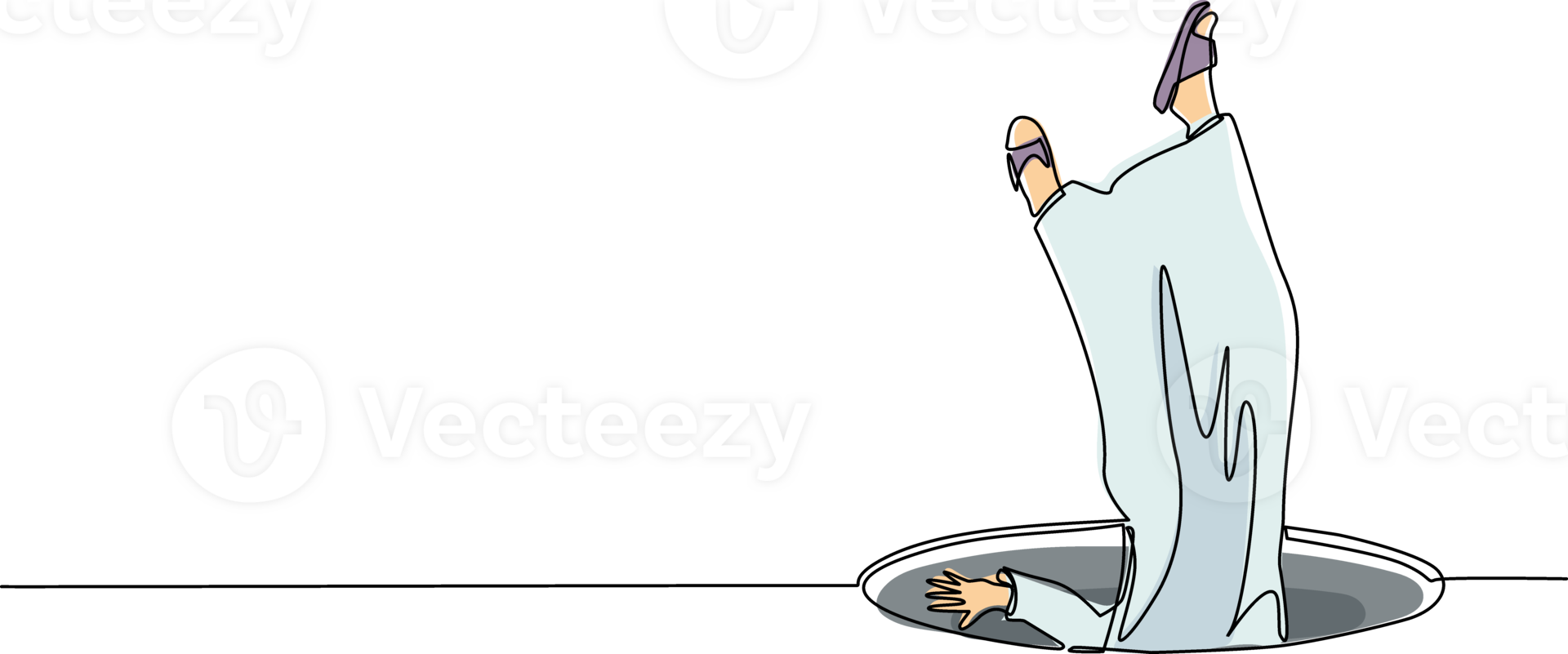 Single one line drawing Arabian businessman falling into pit hole. Legs up. Logo protruding legs from hatch, puddles. Metaphor. Failure. Defeat. Continuous line draw design graphic illustration png