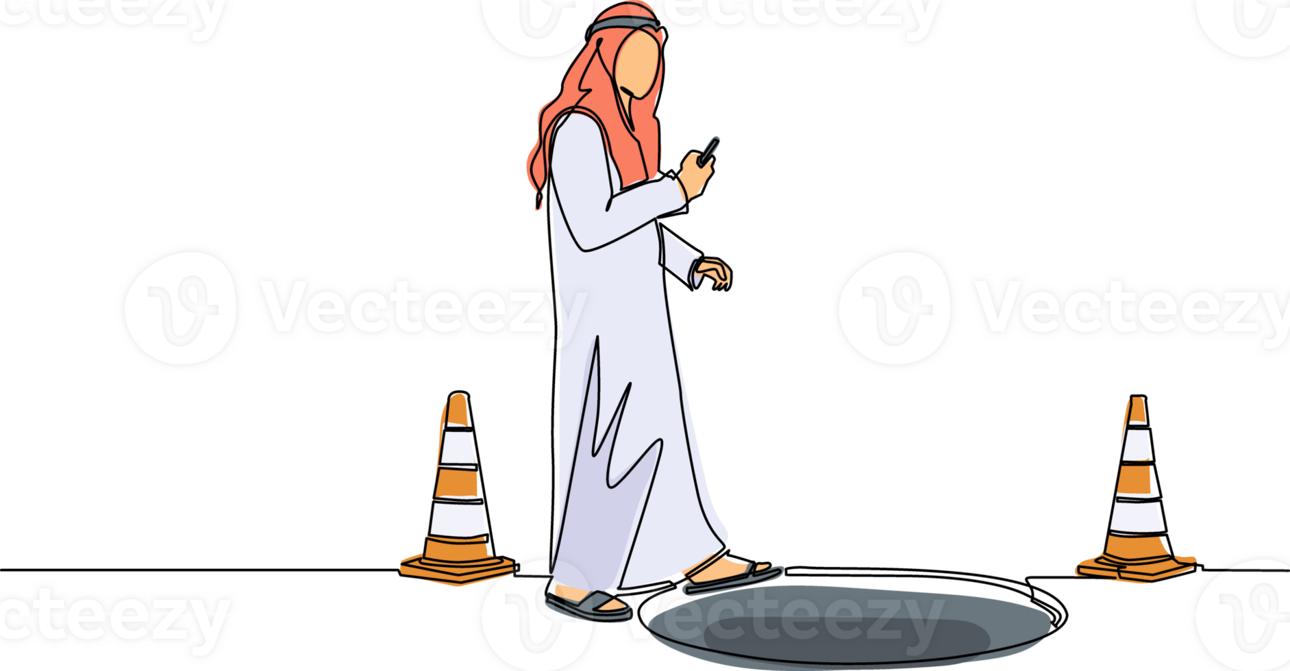 Single one line drawing Arab businessman character going on street watching by smart phone and did not see open manhole. Man walks to business trap. Continuous line design graphic illustration png