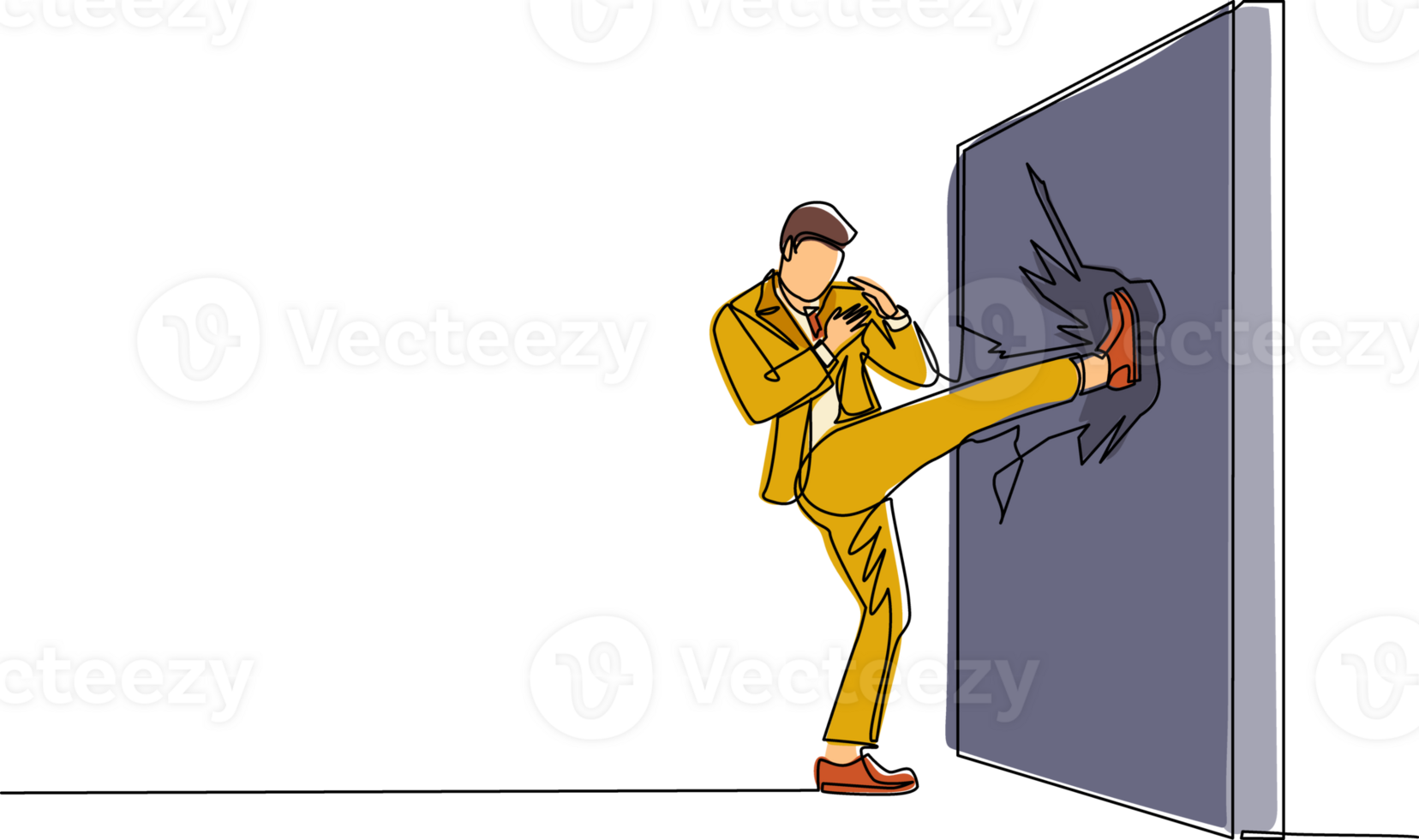 Single continuous line drawing businessman doing kung fu or karate kick to destroy the brick wall. Business concept of obstacle and solution. Obstruction ruined with force. One line draw design png
