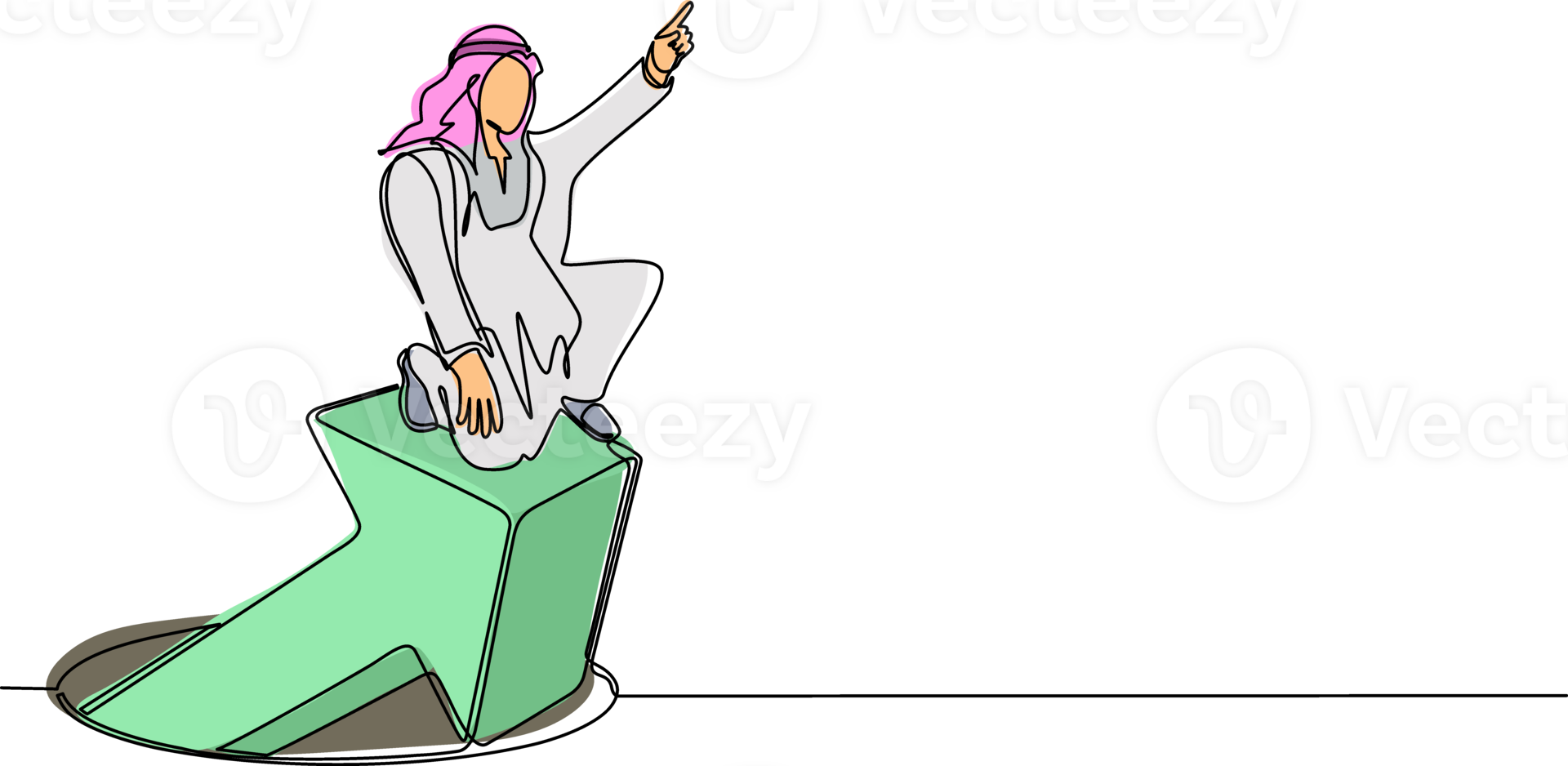 Single continuous line drawing Arabian businessman standing on arrows coming out of holes. Man leading financial graph rising from hole. Business growth concept. One line draw graphic design png