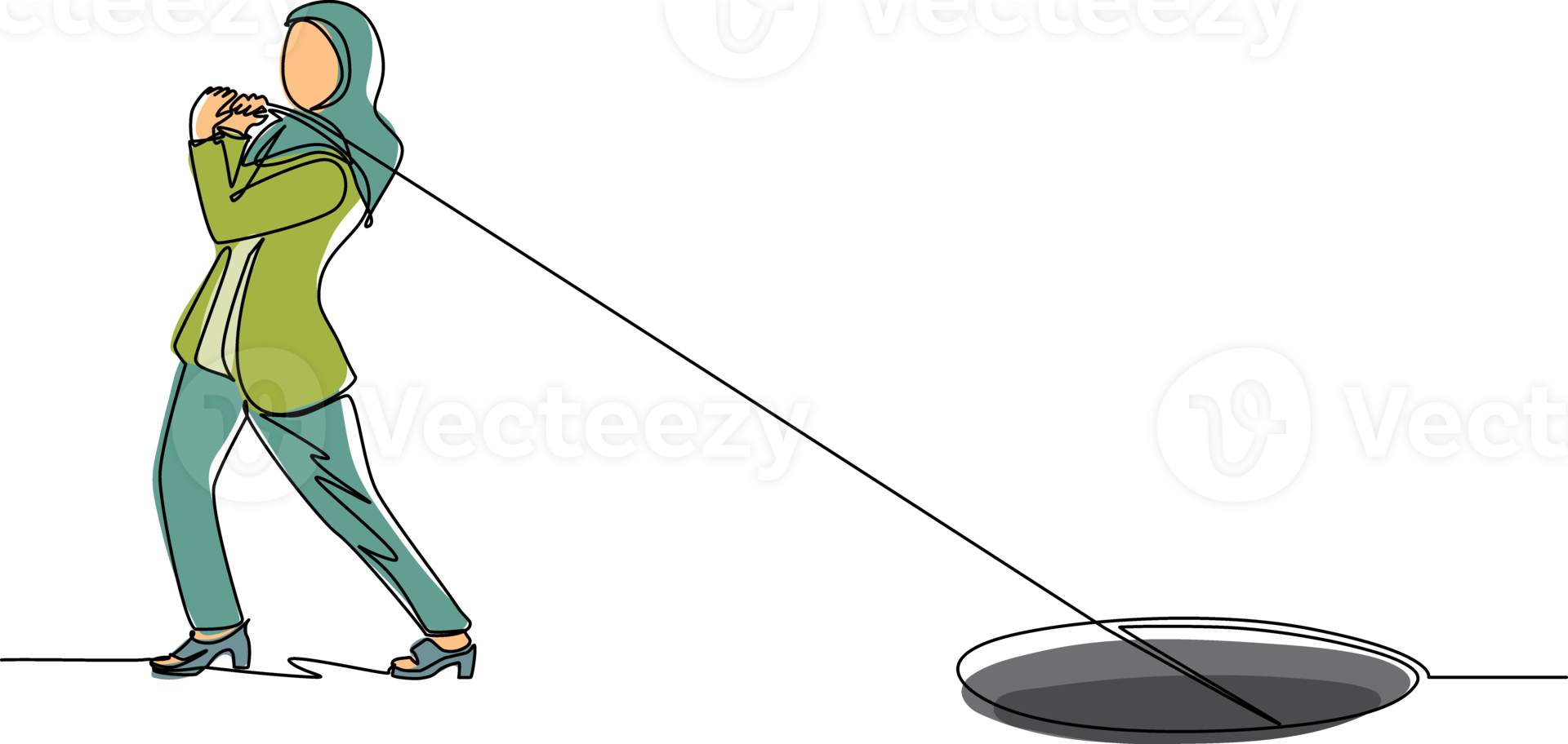 solteiro contínuo linha desenhando árabe empresária tentando Difícil puxar corda para arrasto alguma coisa a partir de buraco, metáfora para voltado para grande problema. o negócio lutas. 1 linha desenhar Projeto ilustração png