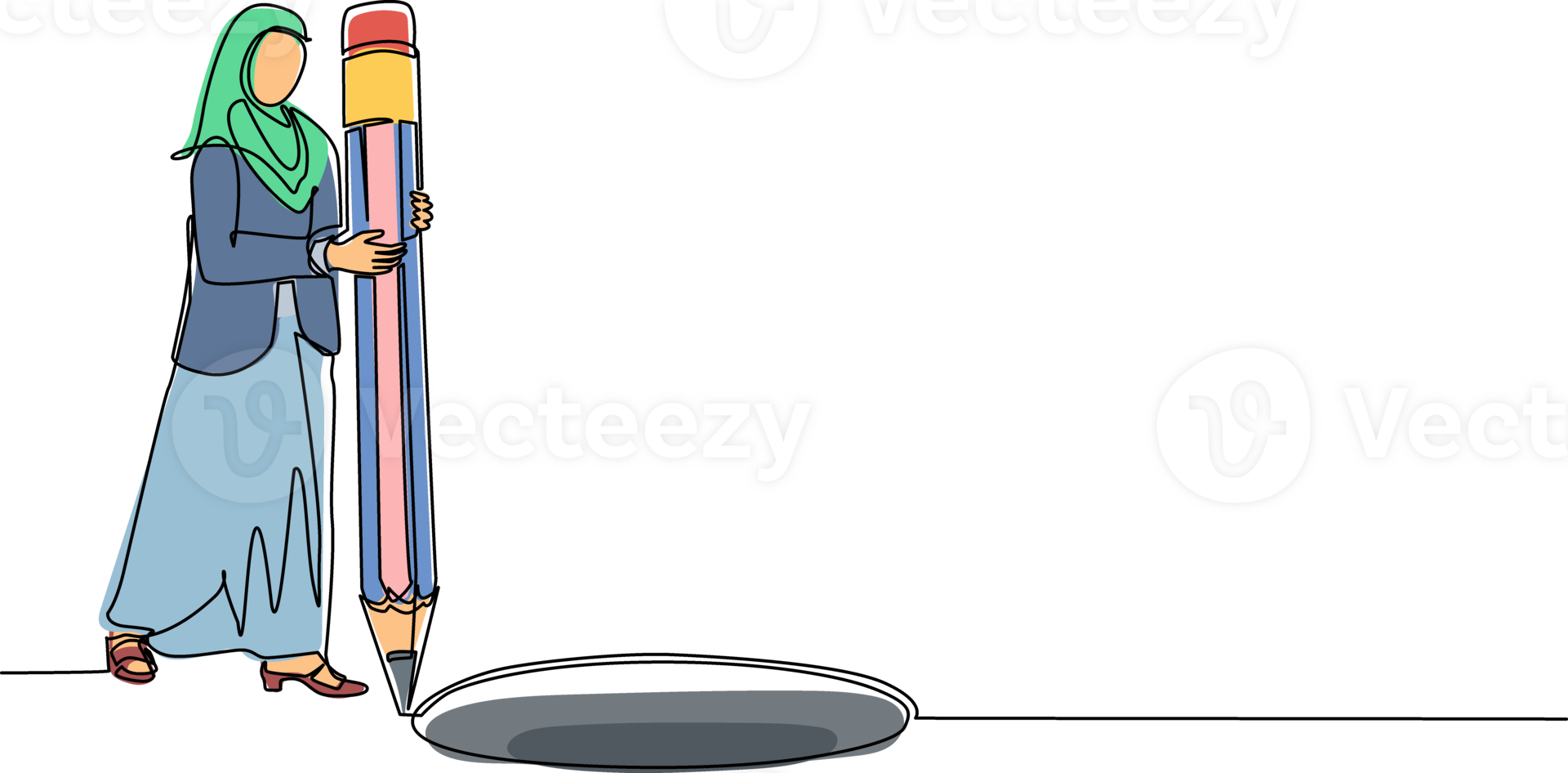 single een lijn tekening Arabisch zakenvrouw maken cirkel van gaten met groot potlood. bedrijf bedriegen. vrouw maken gat val. metafoor. mislukking. verlies. doorlopend lijn trek ontwerp grafisch png