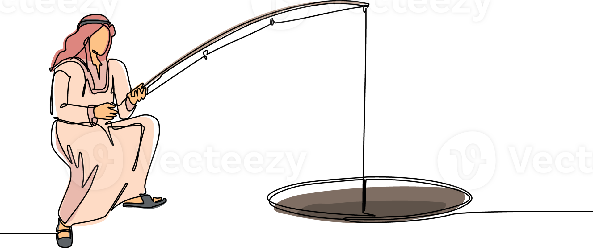 Continuous one line drawing Arab businessman holding fishing rod from hole. Man fishing with rod. Business investment concept. Make money from idea. Single line draw design graphic illustration png