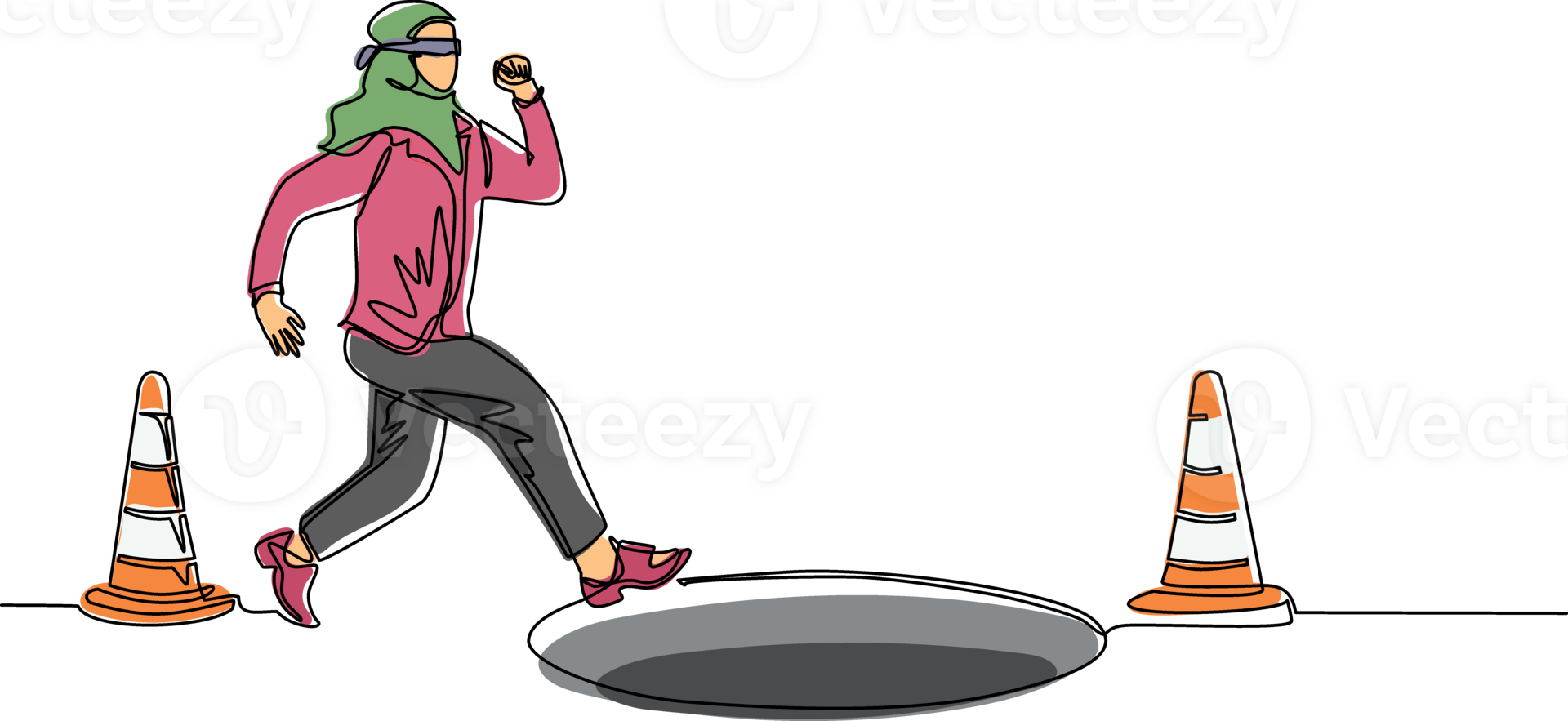 Single one line drawing blindfolded Arab businesswoman running to find money with pit hole. Woman runs to business trap. Blind investment concept. Metaphor. Continuous line draw design graphic png