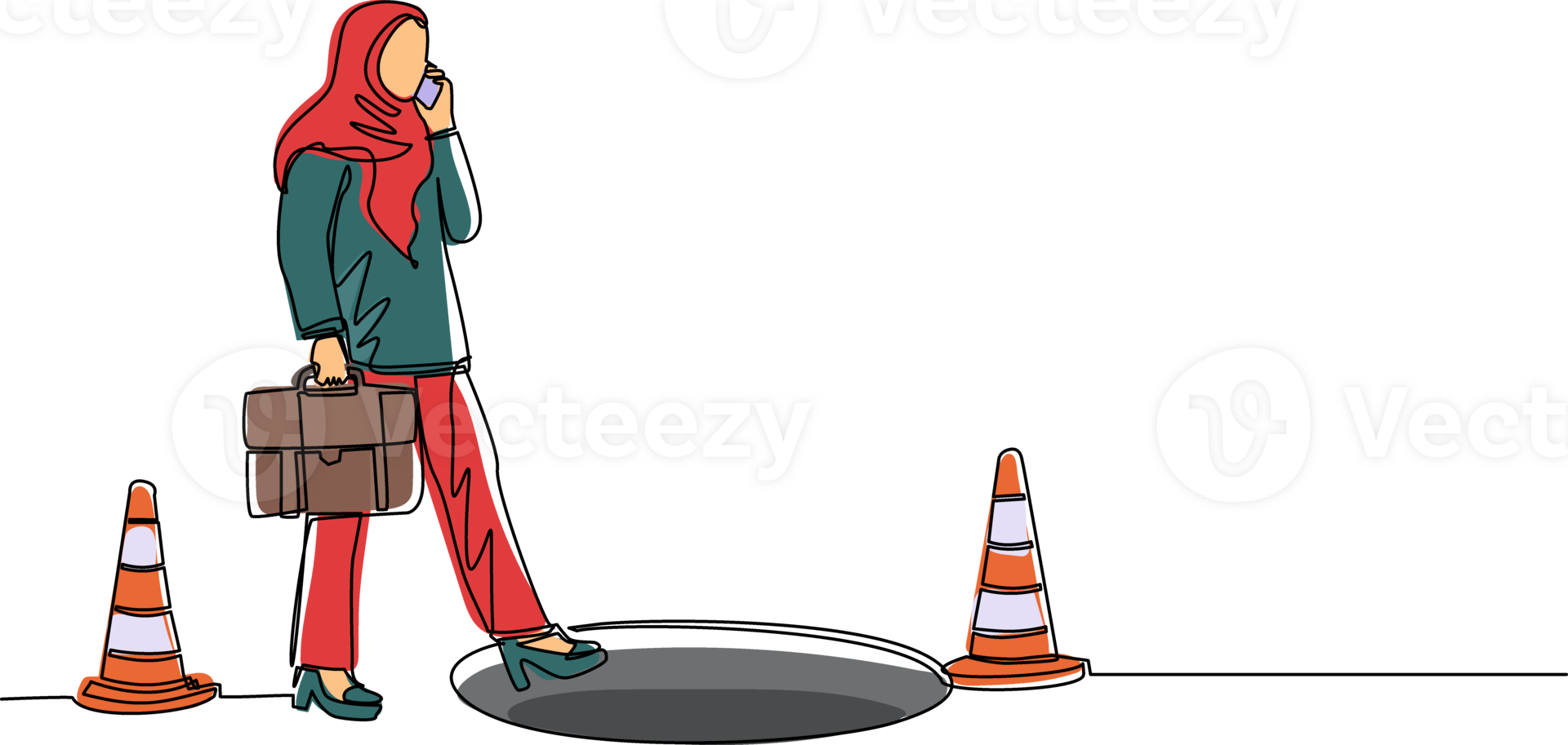 Single continuous line drawing Arab businesswoman talking on cell phone and she does not see the hole in front. Woman walks to business trap. Metaphor. One line draw graphic design illustration png