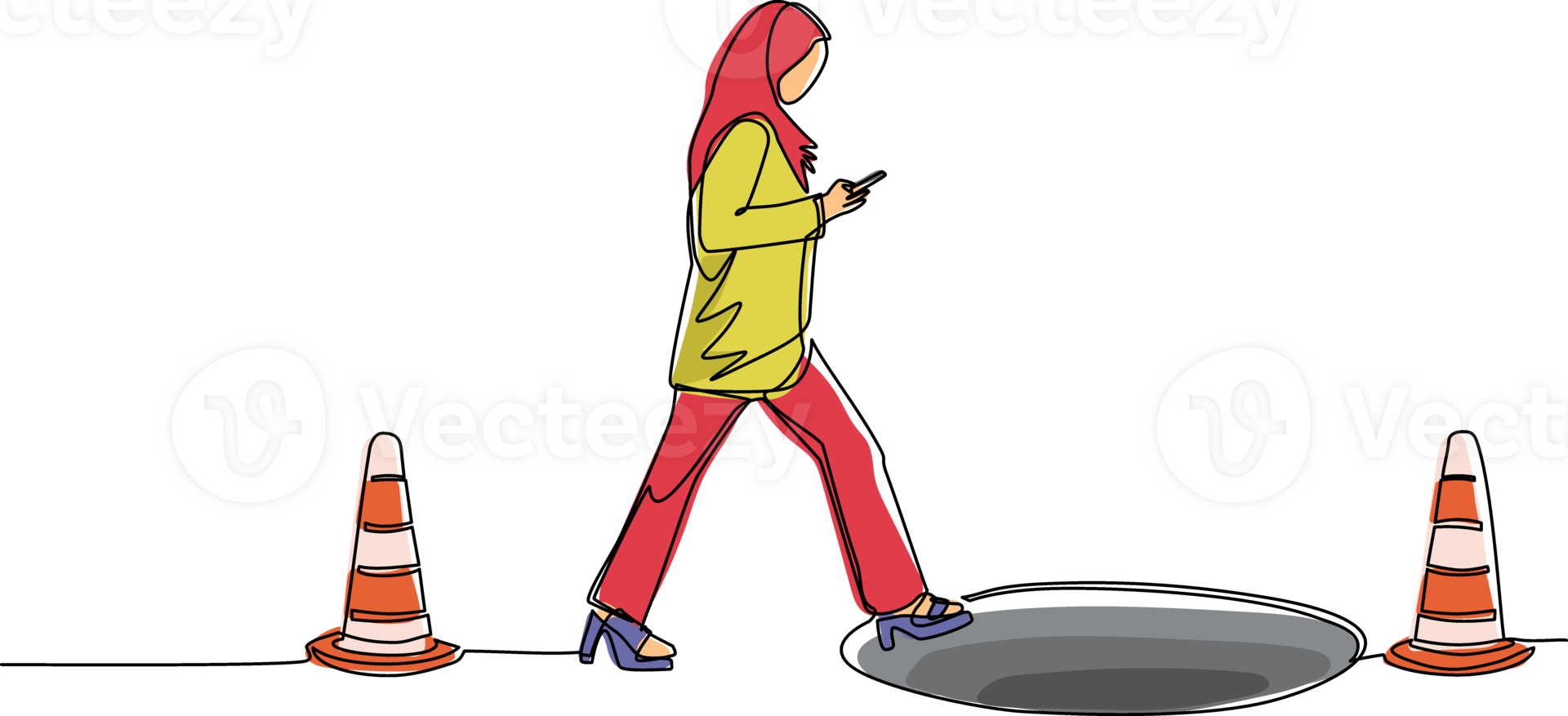 Single one line drawing Arabic businesswoman character going on street watching by smart phone, did not see open manhole. Woman walks to business trap. Continuous line draw design illustration png