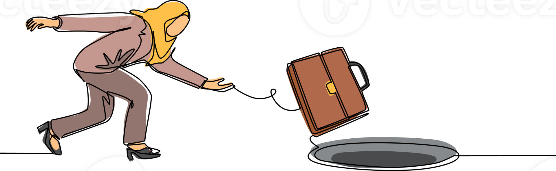 Continuous one line drawing Arabic businesswoman throws briefcase into hole. Failure to take advantage of business opportunities. Depressed and business failure concept. Single line draw design png