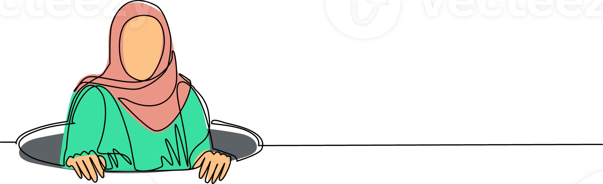 Single one line drawing Arab businesswoman emerges from hole. Concept of failure to take advantage of business opportunities. Depressed and business failure. Continuous line draw design graphic png