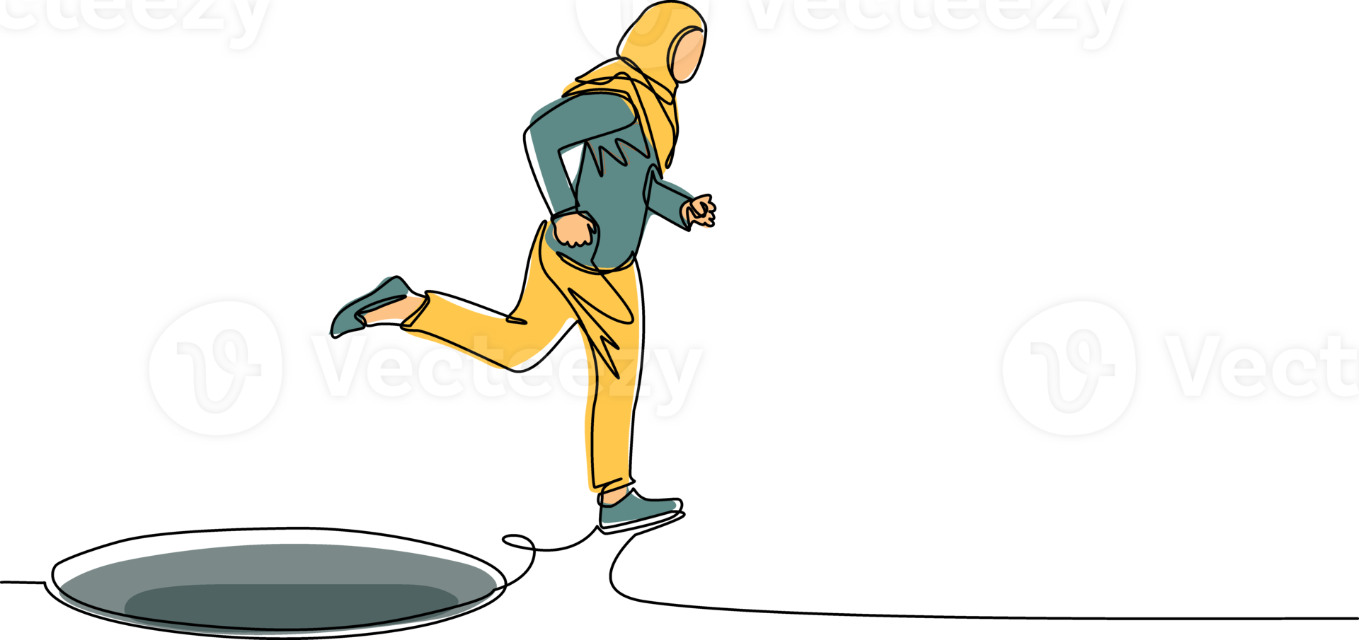 Single continuous line drawing Arabic businesswoman jumping through the hole, metaphor to facing big problem. Business struggles. Strength for success. One line draw graphic design illustration png
