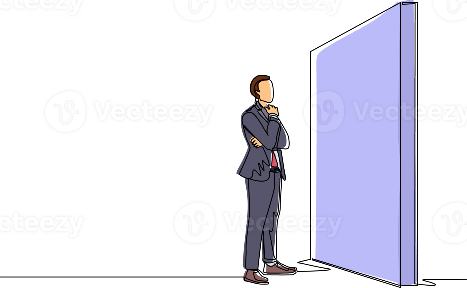 Single one line drawing businessman thinking in front of big obstacle or wall. Abstract representing risk management. Finding solution and problem solving concept. Continuous line draw design png