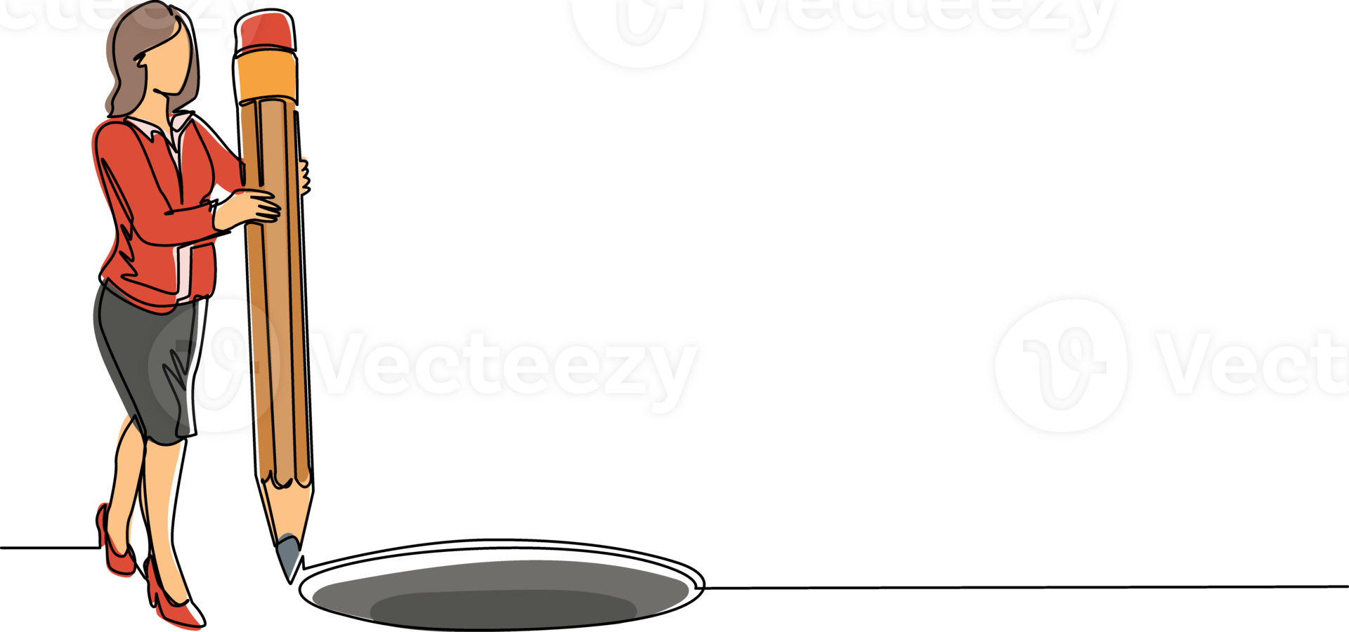solteiro 1 linha desenhando empresária fazer círculo do buracos com ampla lápis. o negócio trapaceando. mulher fazer orifício armadilha. metáfora. falha. derrota. contínuo linha desenhar Projeto ilustração png