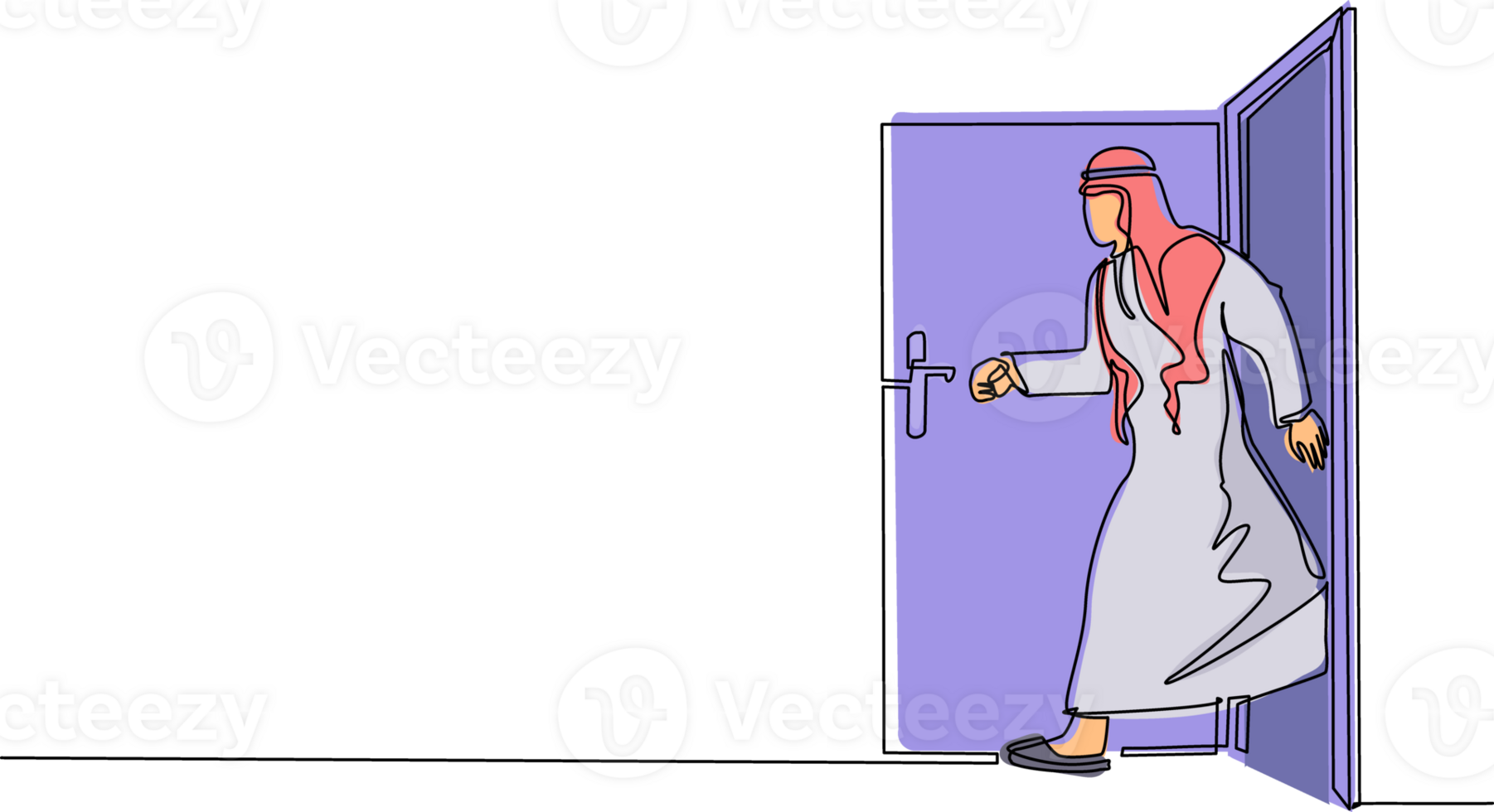 Single one line drawing Arabic businessman on white background walking through an open door frame. New business ventures. Entering new market. Career growth. Continuous line draw design graphic png