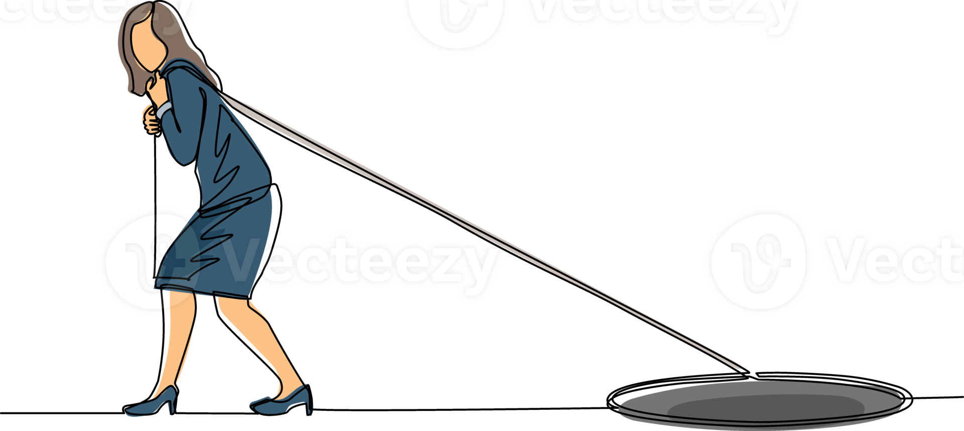 Single continuous line drawing businesswoman trying hard pulling rope to drag something from hole, metaphor to facing big problem. Business struggles. One line draw graphic design illustration png