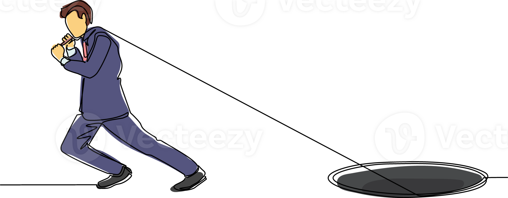 solteiro contínuo linha desenhando homem de negocios tentando Difícil puxar corda para arrasto alguma coisa a partir de buraco, metáfora para voltado para grande problema. o negócio lutas. 1 linha desenhar gráfico Projeto ilustração png