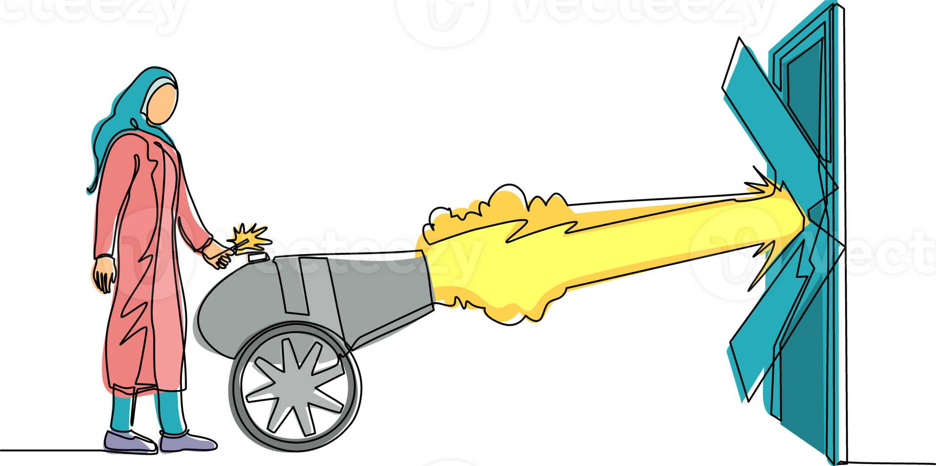 single doorlopend lijn tekening Arabisch zakenvrouw ontsteekt kanon in voorkant van deur en vernietigen deur. elimineren barrière van inzendingen, vernietigen hindernis met bruut kracht. een lijn trek ontwerp png