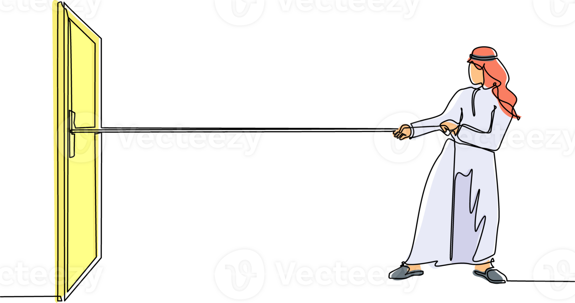 Single einer Linie Zeichnung arabisch Geschäftsmann ziehen Seil zu ziehen Tür, Metapher zu gegenüber groß Problem. Geschäft kämpft. Stärke zum Erfolg. kontinuierlich Linie zeichnen Design Grafik Illustration png