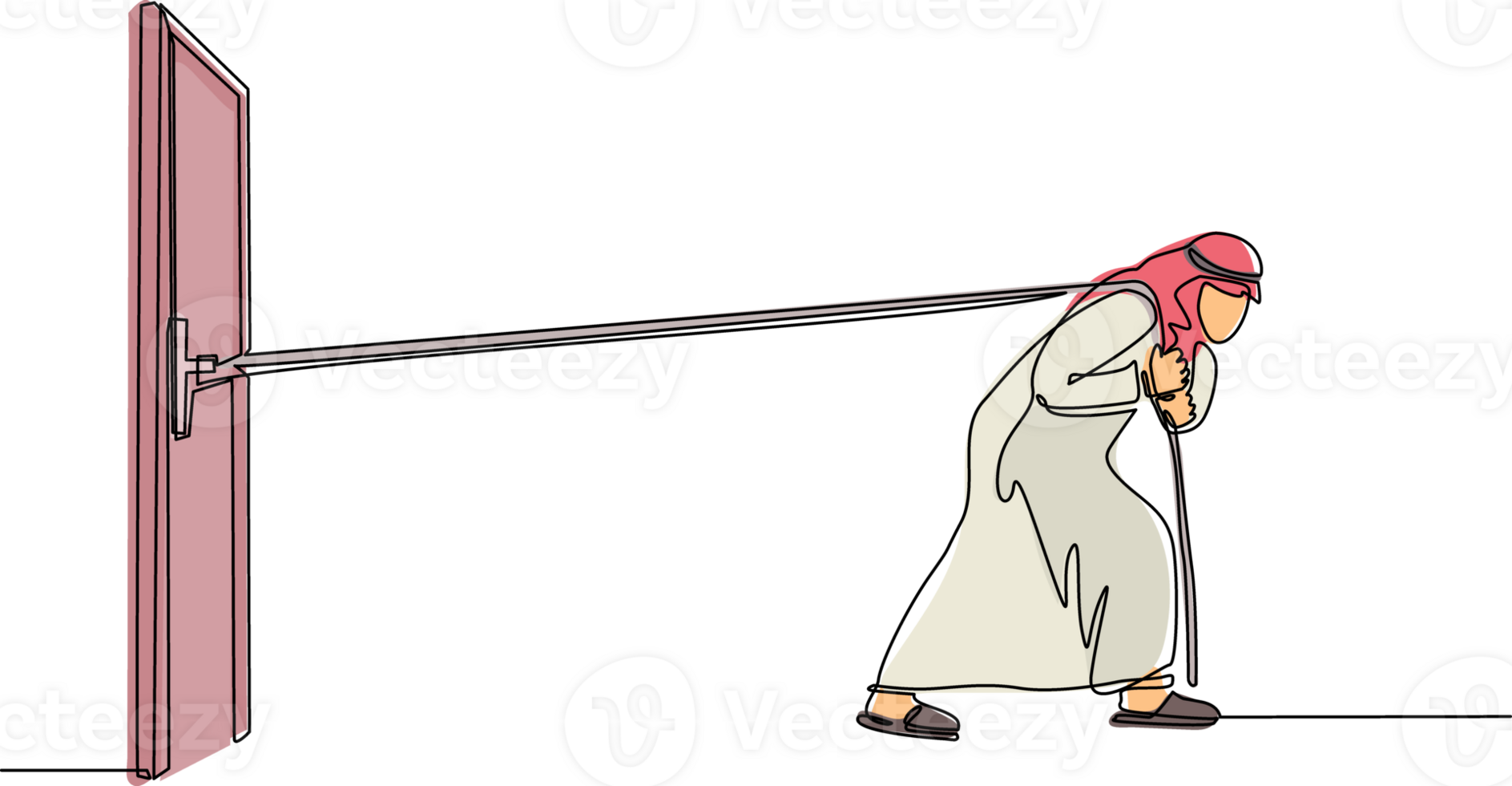 Célibataire continu ligne dessin arabe homme d'affaire en essayant difficile à tirant corde à traîne lourd porte, métaphore à orienté vers gros problème. affaires luttes. force pour succès. un ligne dessiner conception png