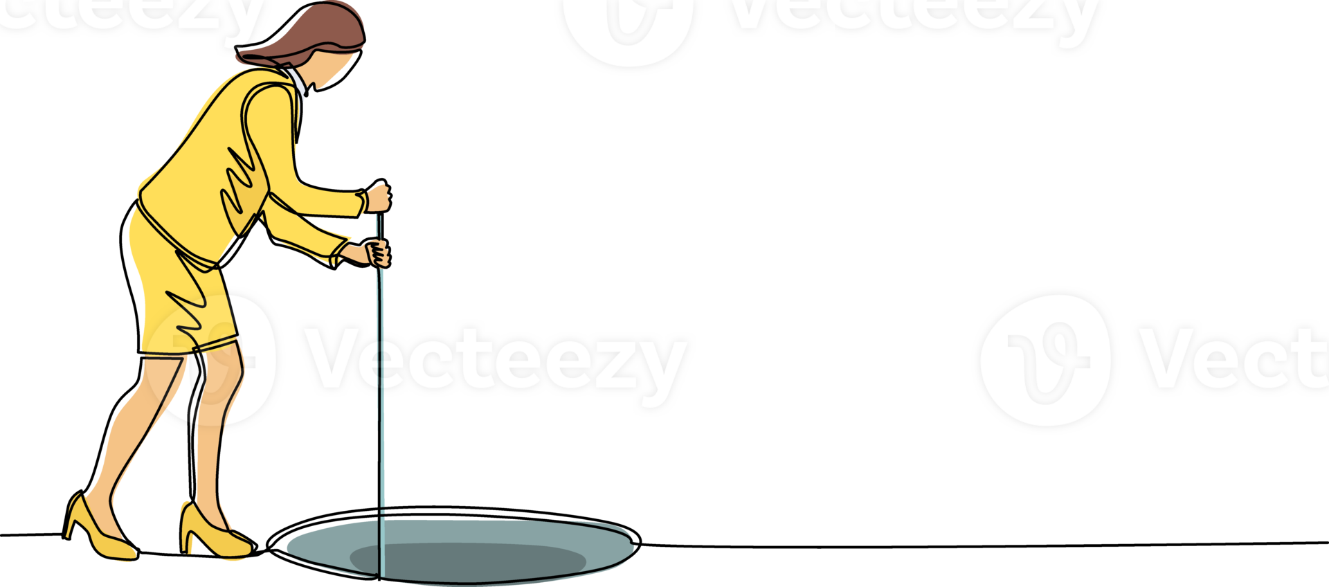 doorlopend een lijn tekening zakenvrouw rekken uit touw in gat. vrouw benieuwd en op zoek Bij groot gat, bedrijf concept in kans, exploratie of uitdaging. single lijn trek ontwerp png
