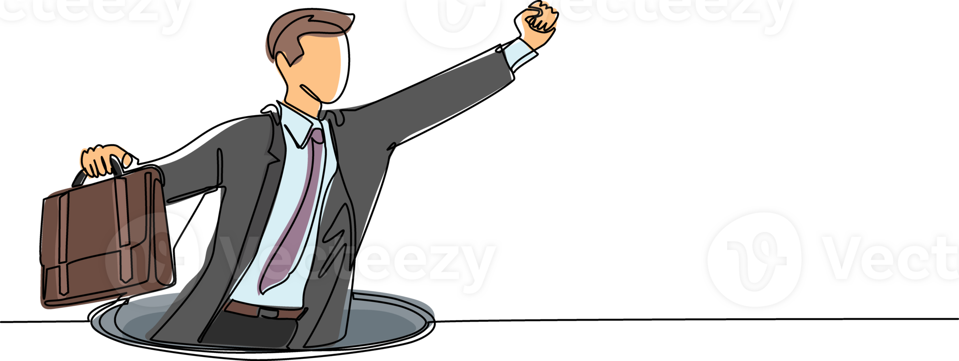 Continuous one line drawing flying businessman with wing and briefcase coming out of holes. Man leading financial rising from hole. Business growth concept. Single line draw design illustration png
