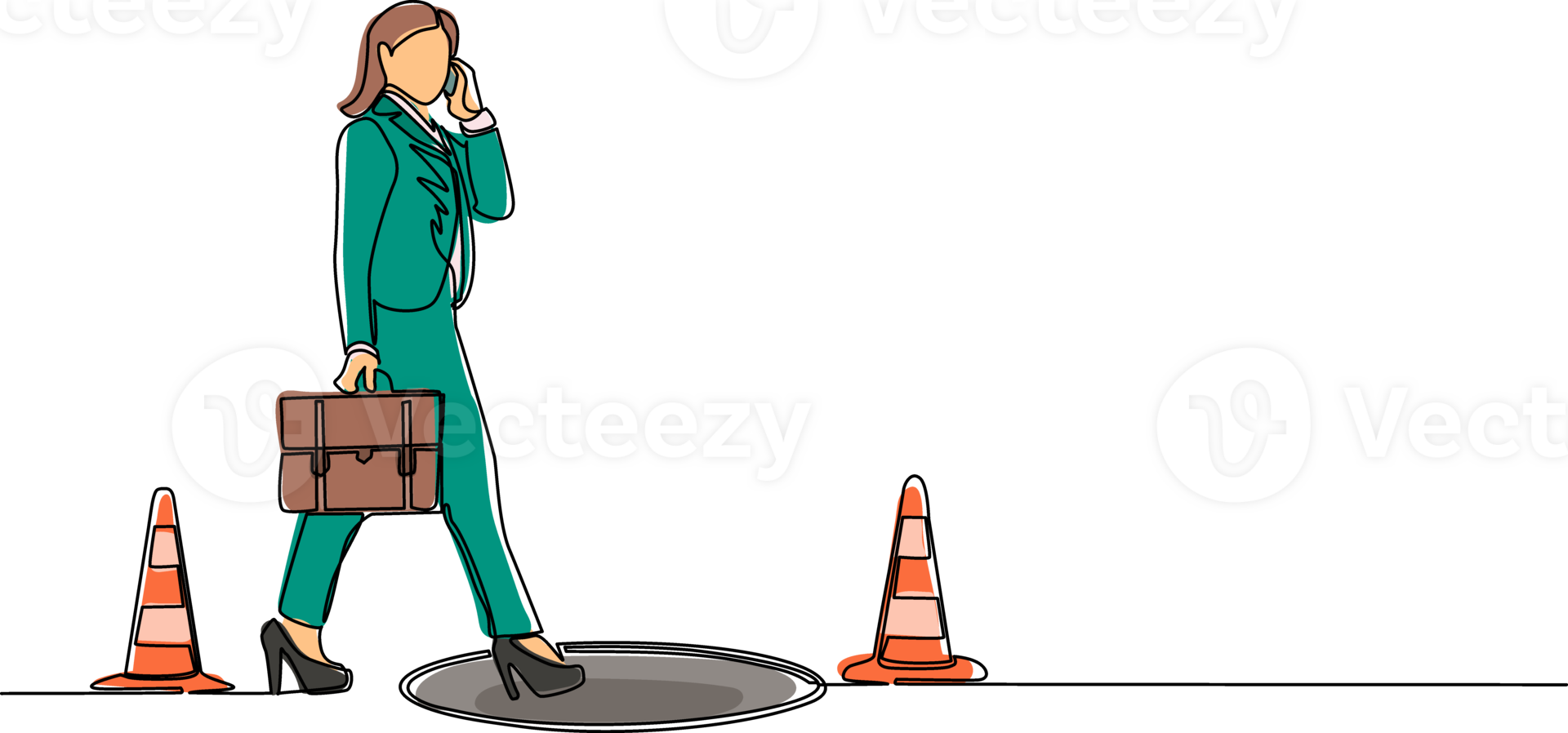 Single one line drawing businesswoman talking on cell phone and she does not see the hole in front. Woman walks to business trap. Metaphor. Modern continuous line design graphic illustration png