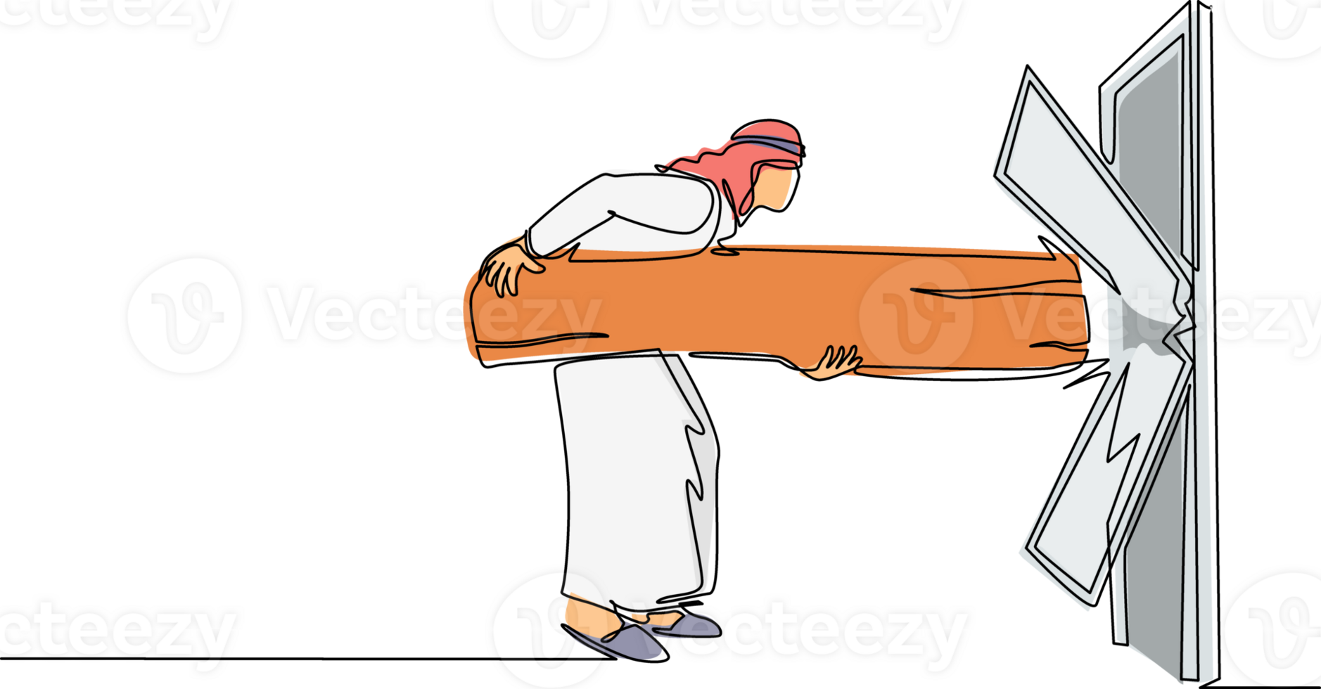 Continuous one line drawing Arab businessman holding large log and destroying door. Overcome challenges, and destroying obstacle with power and brute force. Single line draw design illustration png