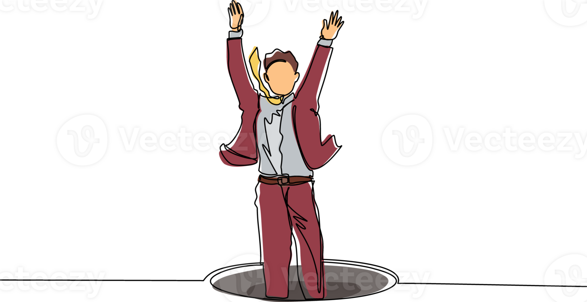 Continuous one line drawing businessman fell into manhole underground sewer. Man fell sewer hatch. Depressed and business failure concept. Metaphor. Defeat. Single line draw design illustration png