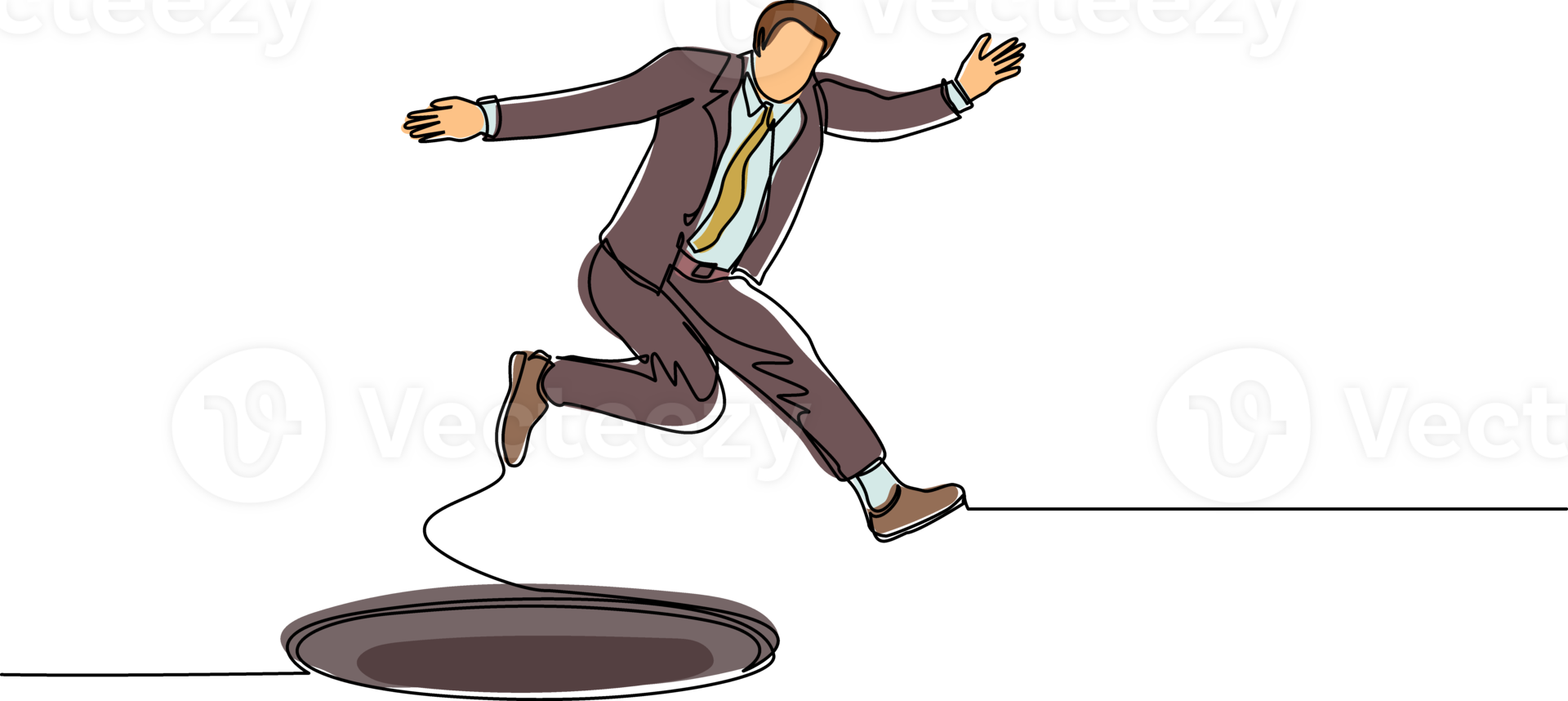 Single continuous line drawing businessman jumping through the hole, metaphor to facing big problem. Business struggles. Strength for success. Dynamic one line draw graphic design illustration png