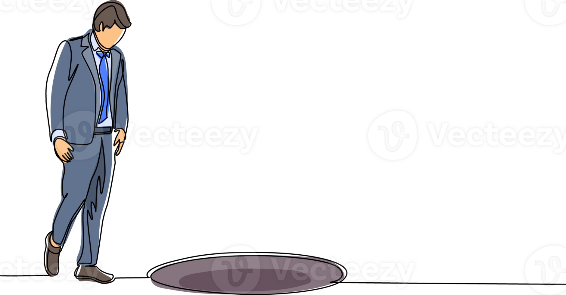 Single continuous line drawing businessman looking at black hole. Man wondering and looking at big hole, business concept in opportunity, exploration or challenge. Dynamic one line draw design png