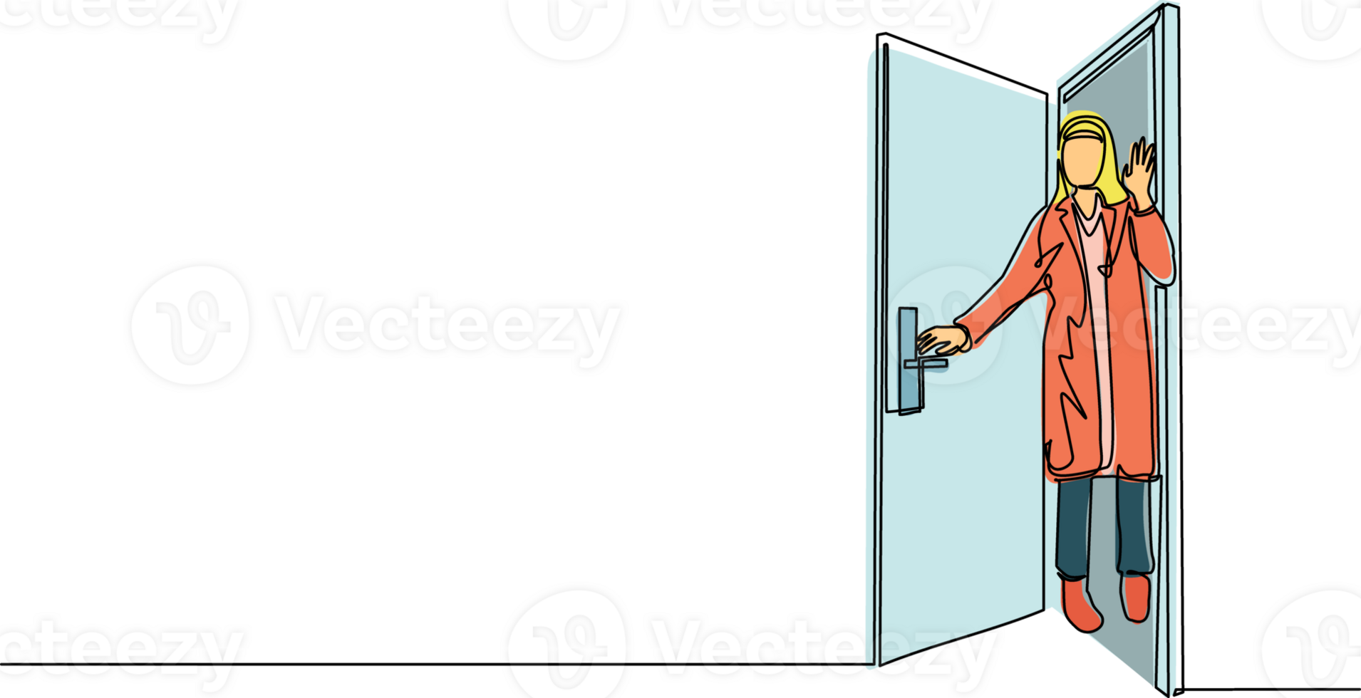 Single continuous line drawing Arab businesswoman looking from behind open door. Woman peeking of door and wave hands. Cheerful female standing in doorway. Dynamic one line draw graphic design png