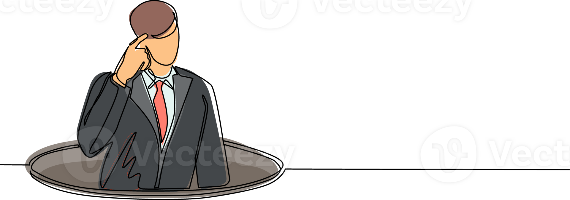 Single continuous line drawing confused businessman emerges from the hole. Depressed and business failure concept. Metaphor. Failure. Defeat. Dynamic one line draw graphic design illustration png