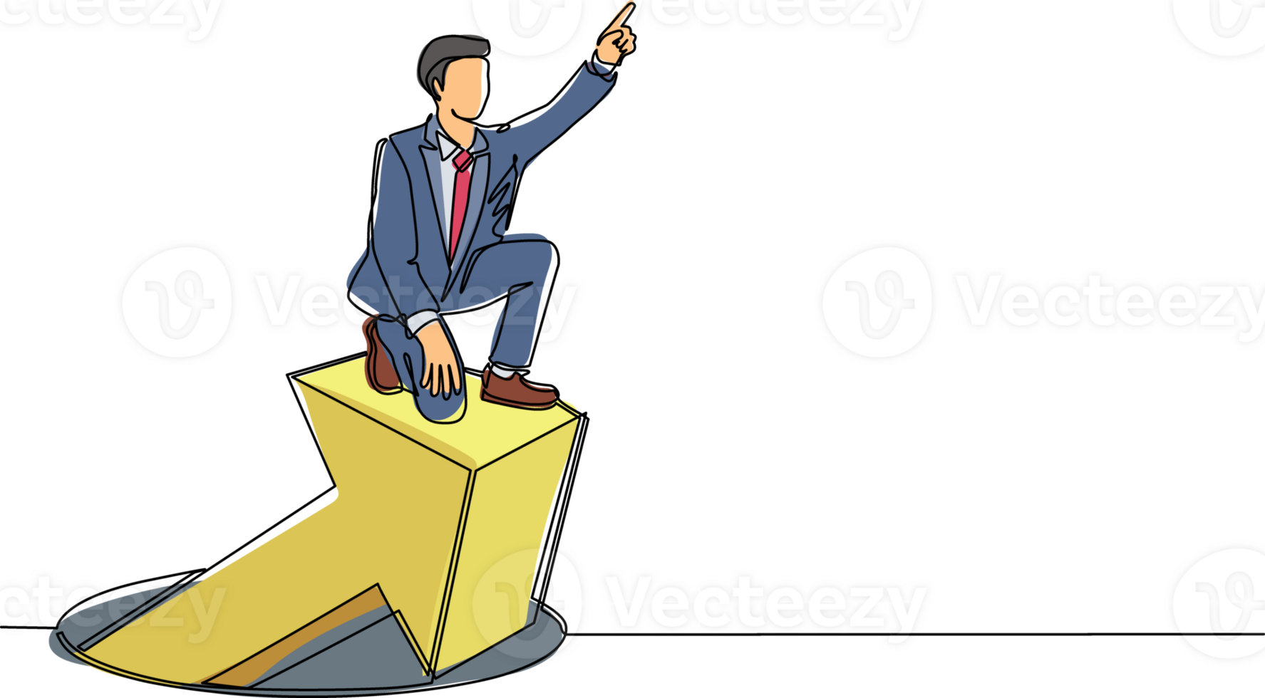 Single one line drawing businessman standing on arrows coming out of holes. Man leading financial graph rising from hole. Business growth concept. Modern continuous line draw design graphic png